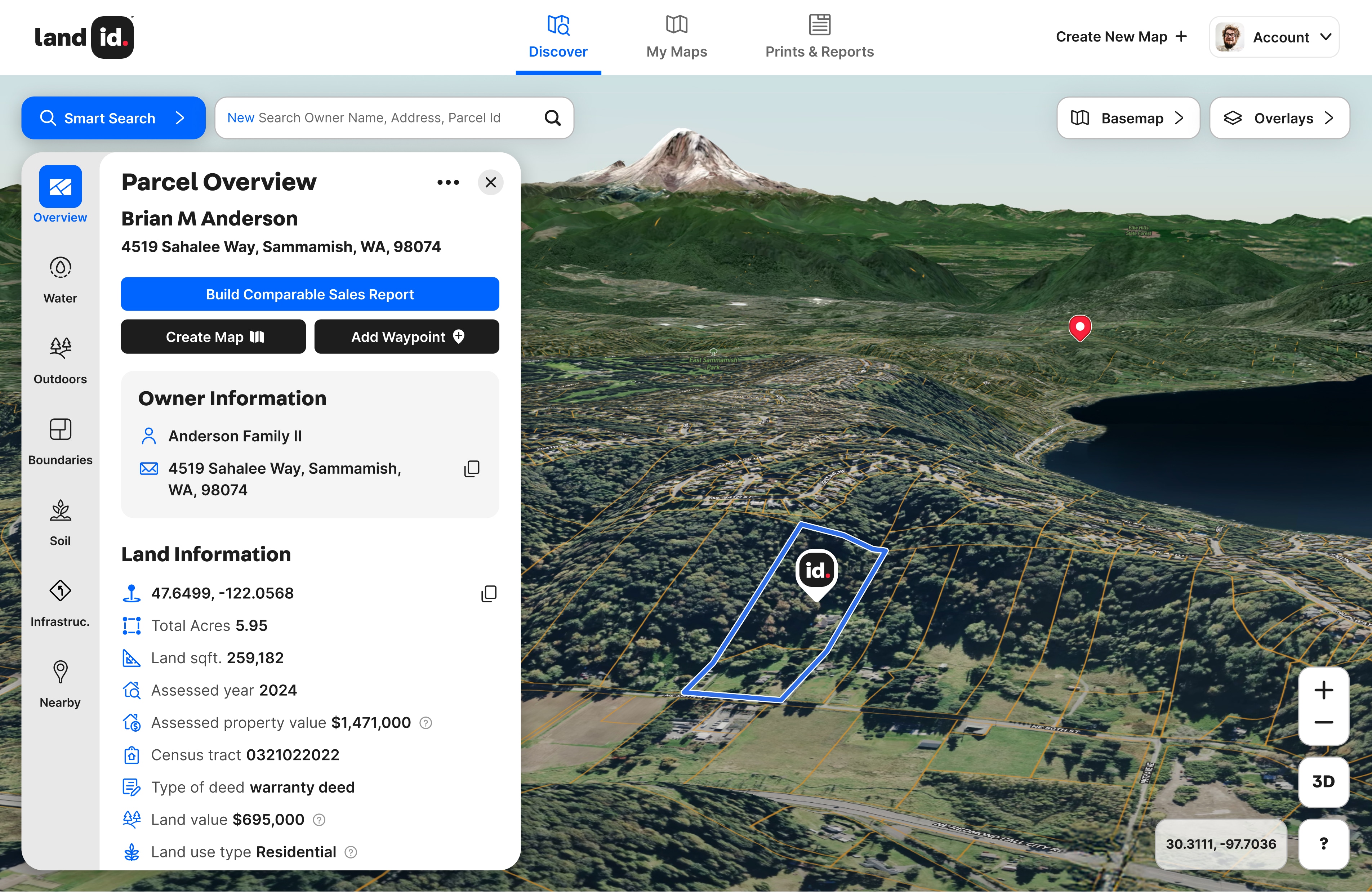 3d Topographical image with yellow labels for individual parcels.