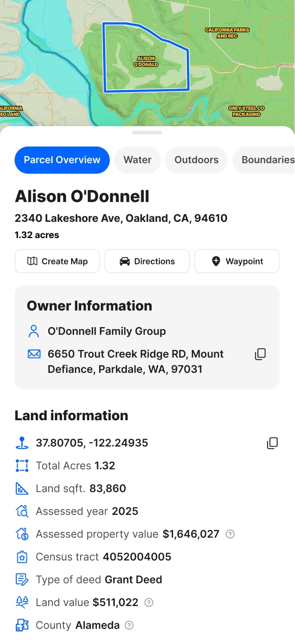Screenshot of the Land id mobile app with parcel information displayed.