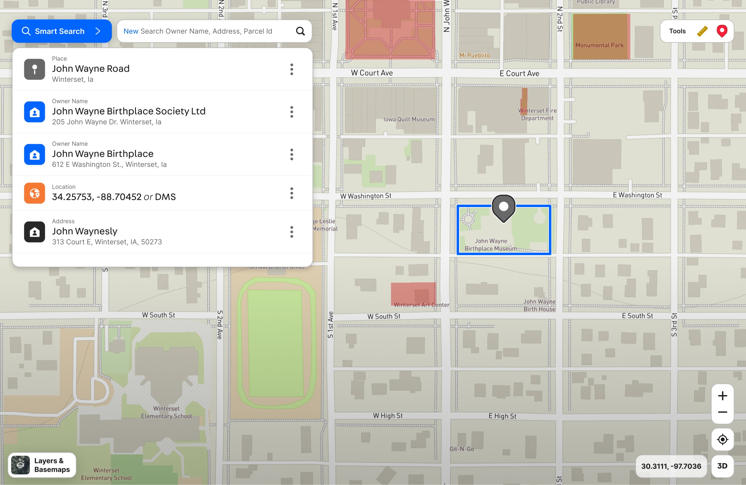Sky-view of a map with precise locations