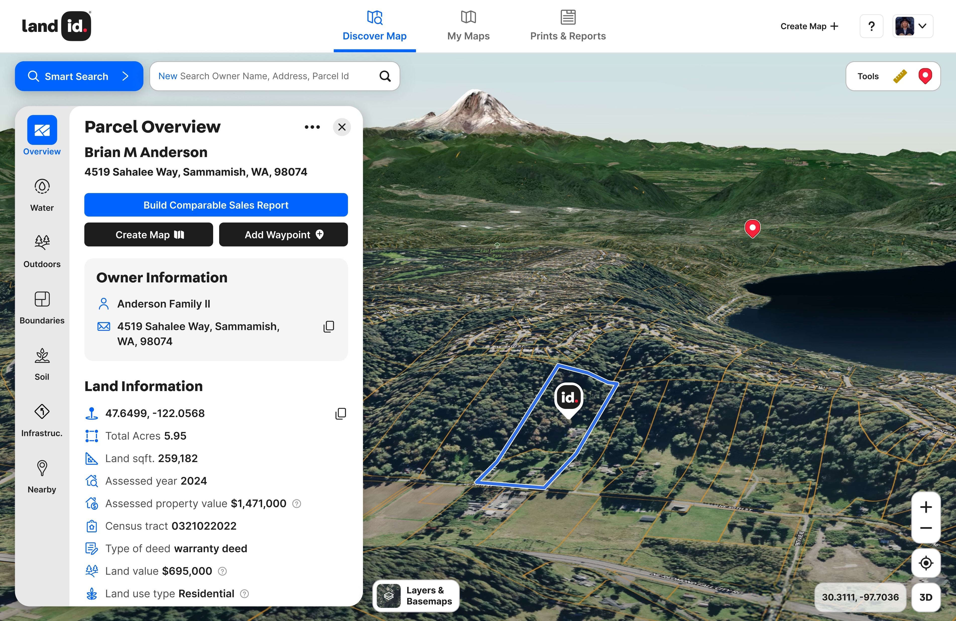 3d Topographical image with yellow labels for individual parcels.
