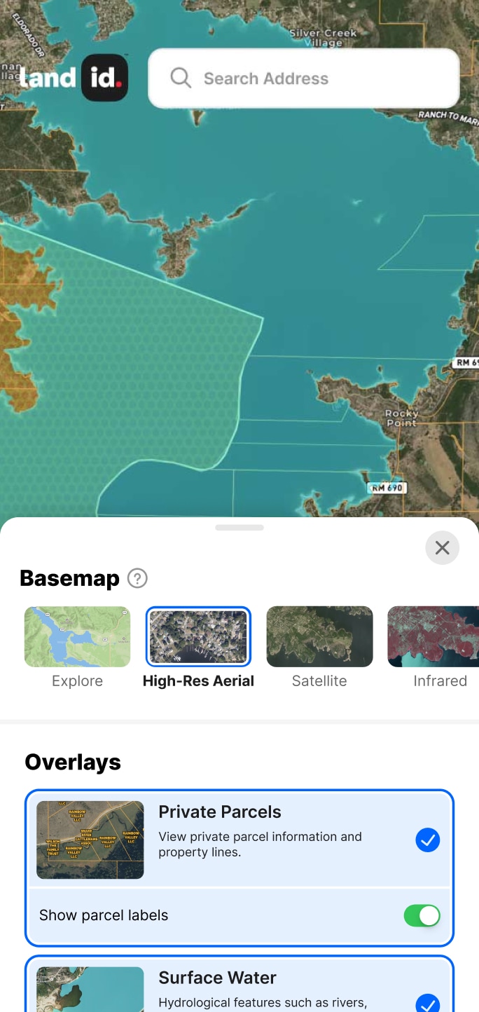 Screenshot of the Land id mobile app showing overlays on top of the same map image.