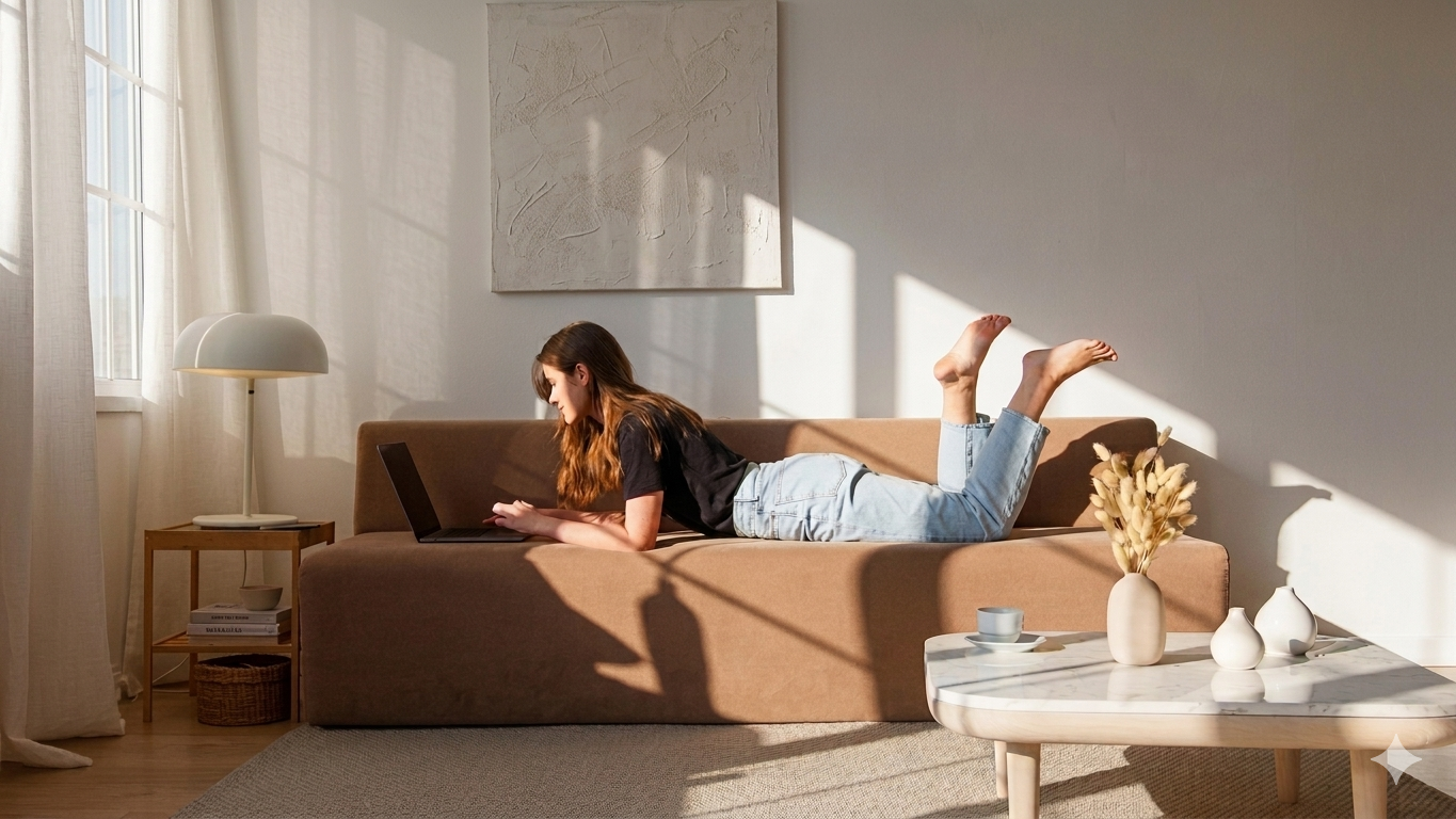 woman lying down on sofa working on a laptop
