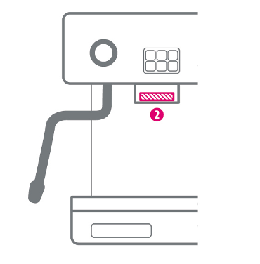 Illustration der Kaffeemaschine von vorne, Schritt 2: Bereich unter dem Brühkopf rosa markiert