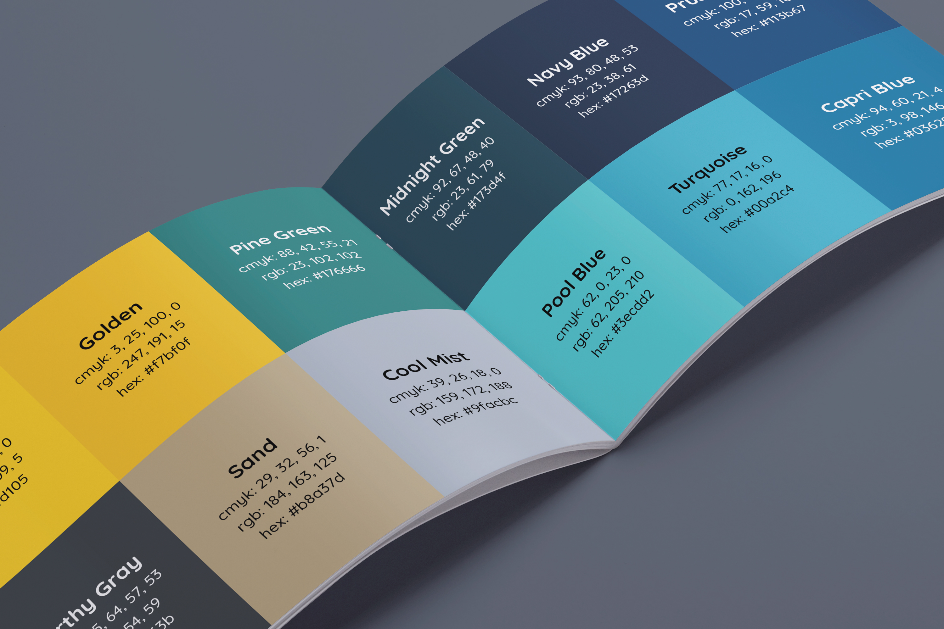 A fanned spread of the Yellow Book color system, each named swatch — Golden, Sand, Pine Green, Pool Blue, Navy Blue — printed with its color values.