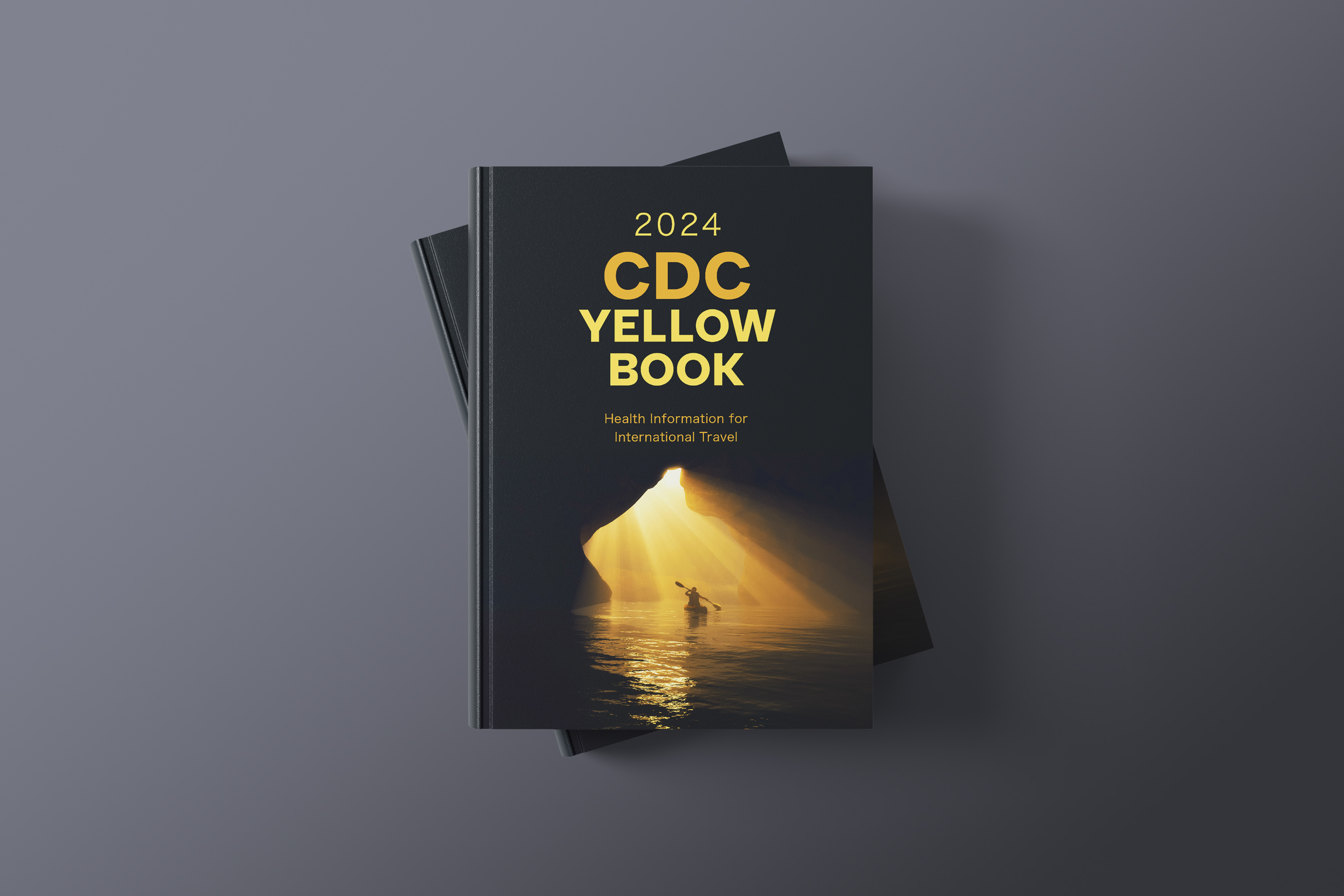Stacked copies of the printed 2024 CDC Yellow Book, its dark cover carrying a sunrise photograph.