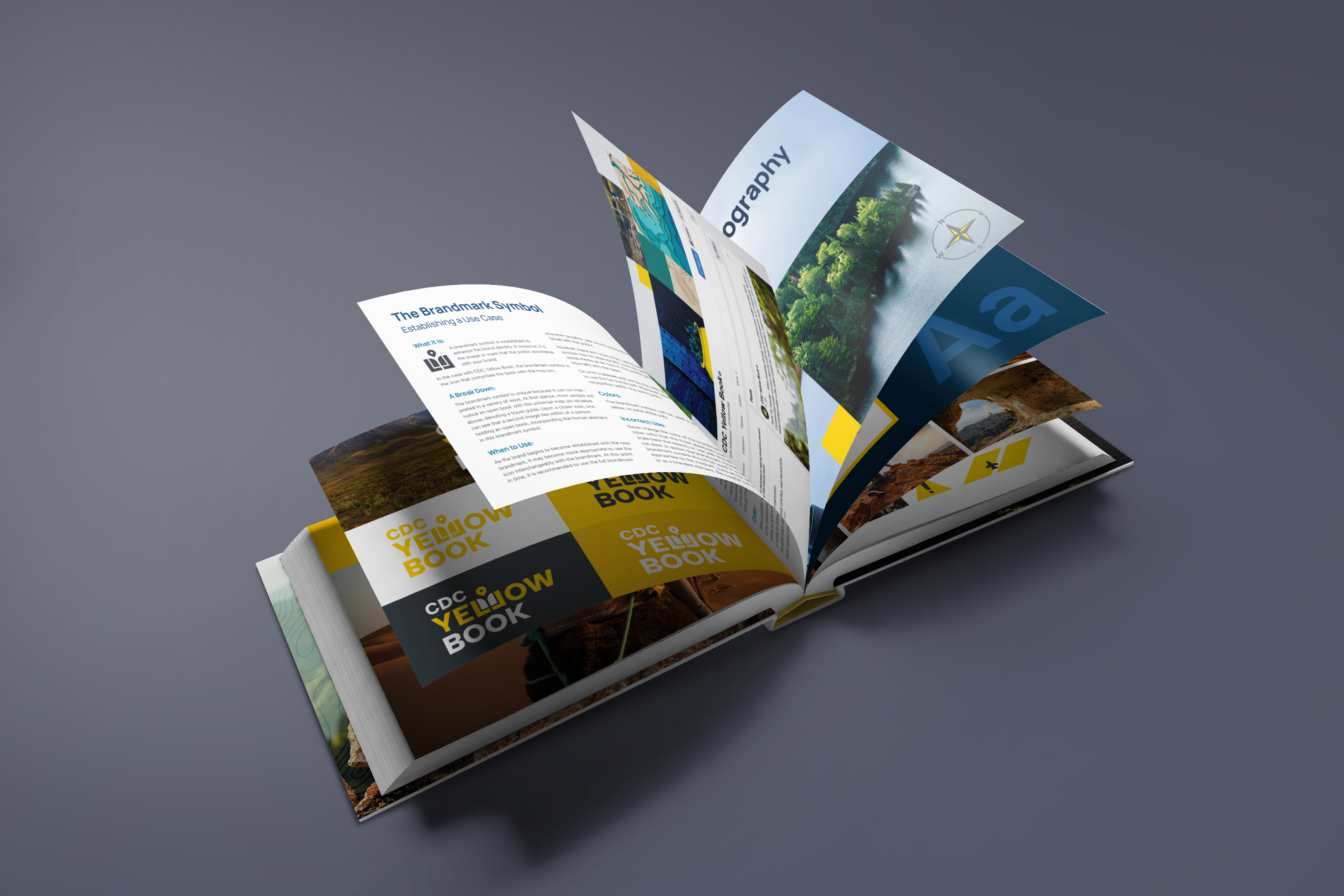 The printed CDC Yellow Book 2024 lying open, showing interior spreads that combine landscape photography with clinical text.