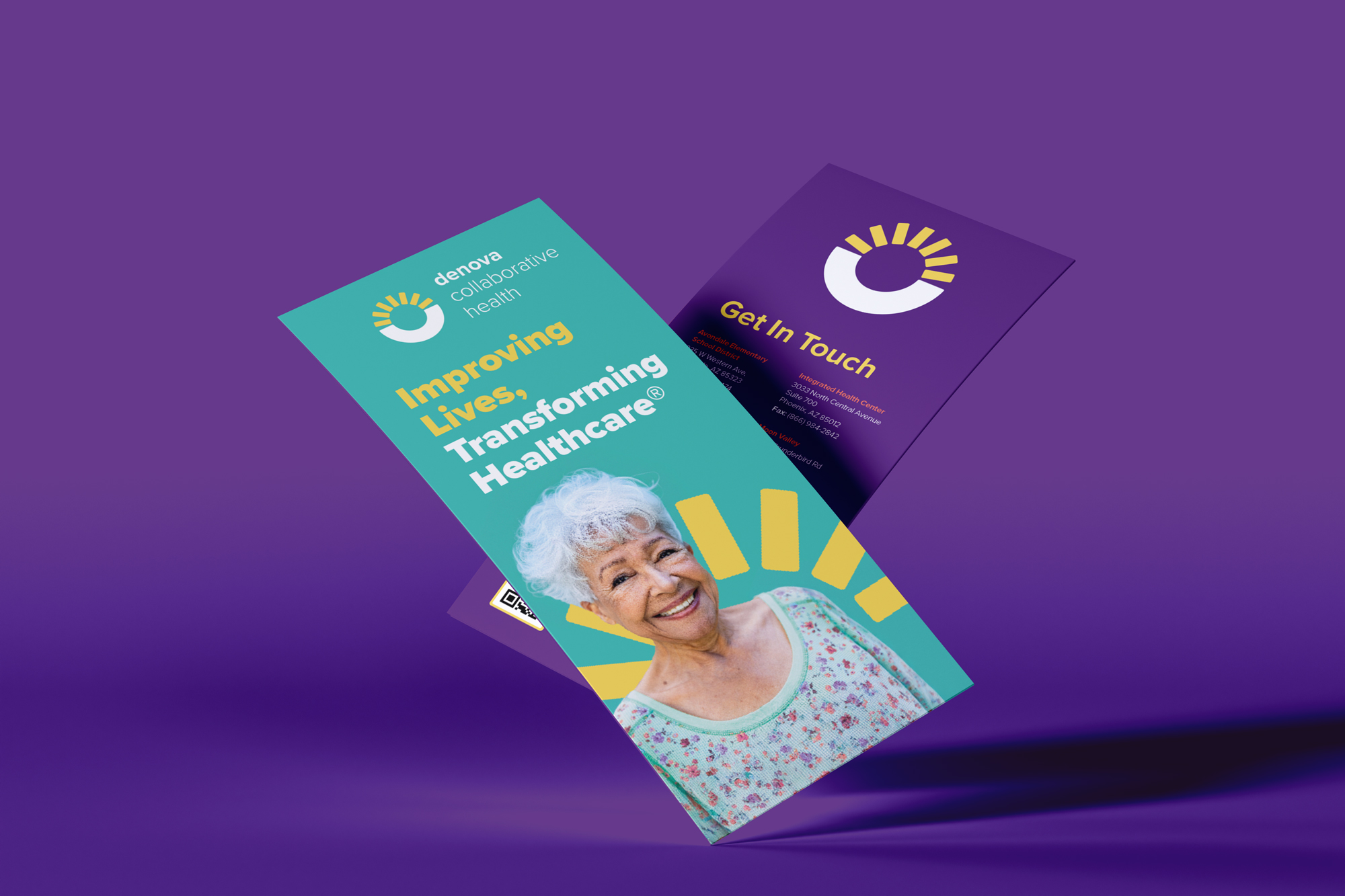 Two Denova trifold brochure panels headlined “Improving Lives, Transforming Healthcare,” with a portrait of a smiling older woman.