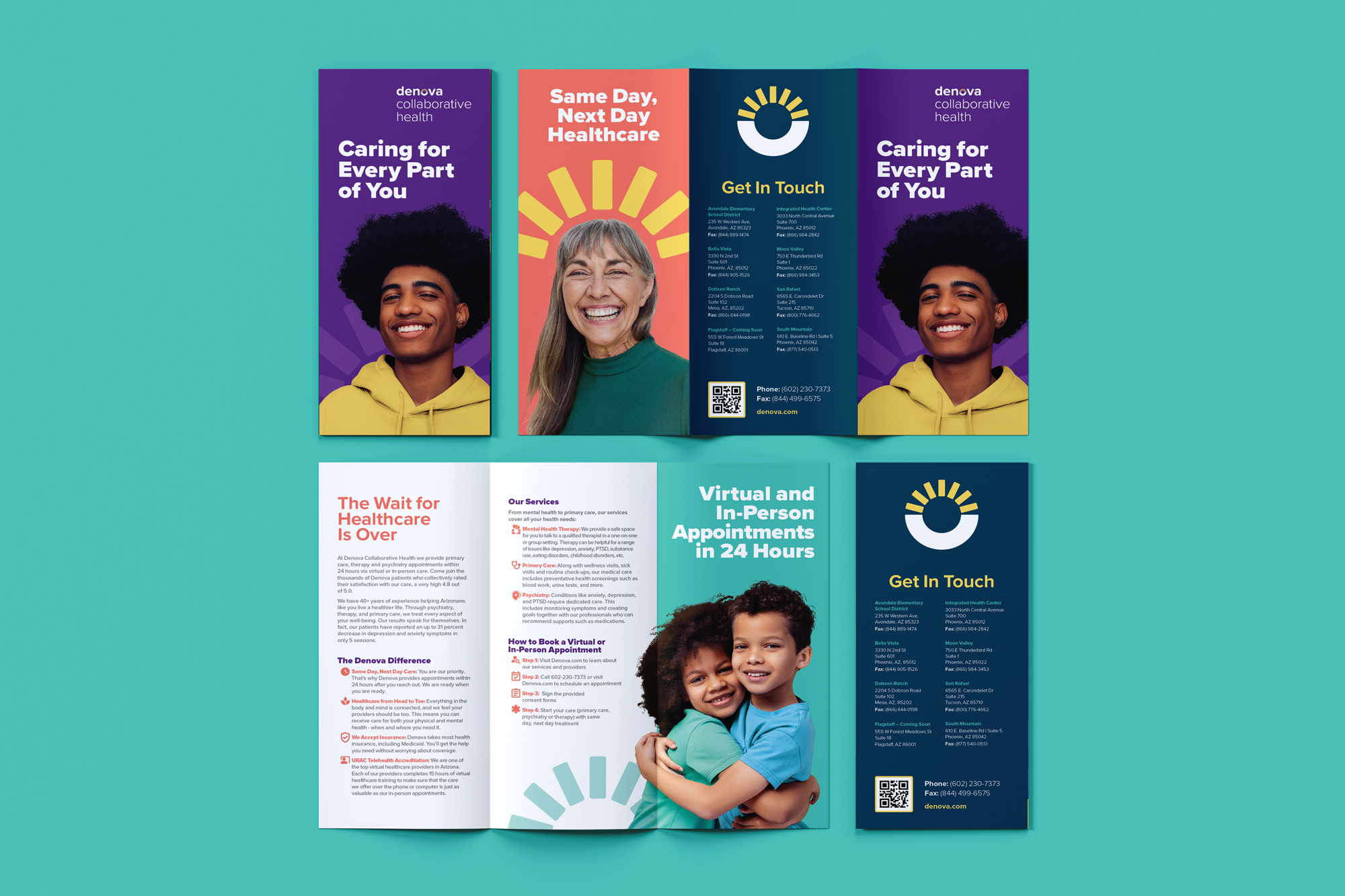 An opened Denova trifold showing the interior spreads — “Caring for Every Part of You” and “Virtual and In-Person Appointments in 24 Hours” — beside a photograph of a mother and two children.