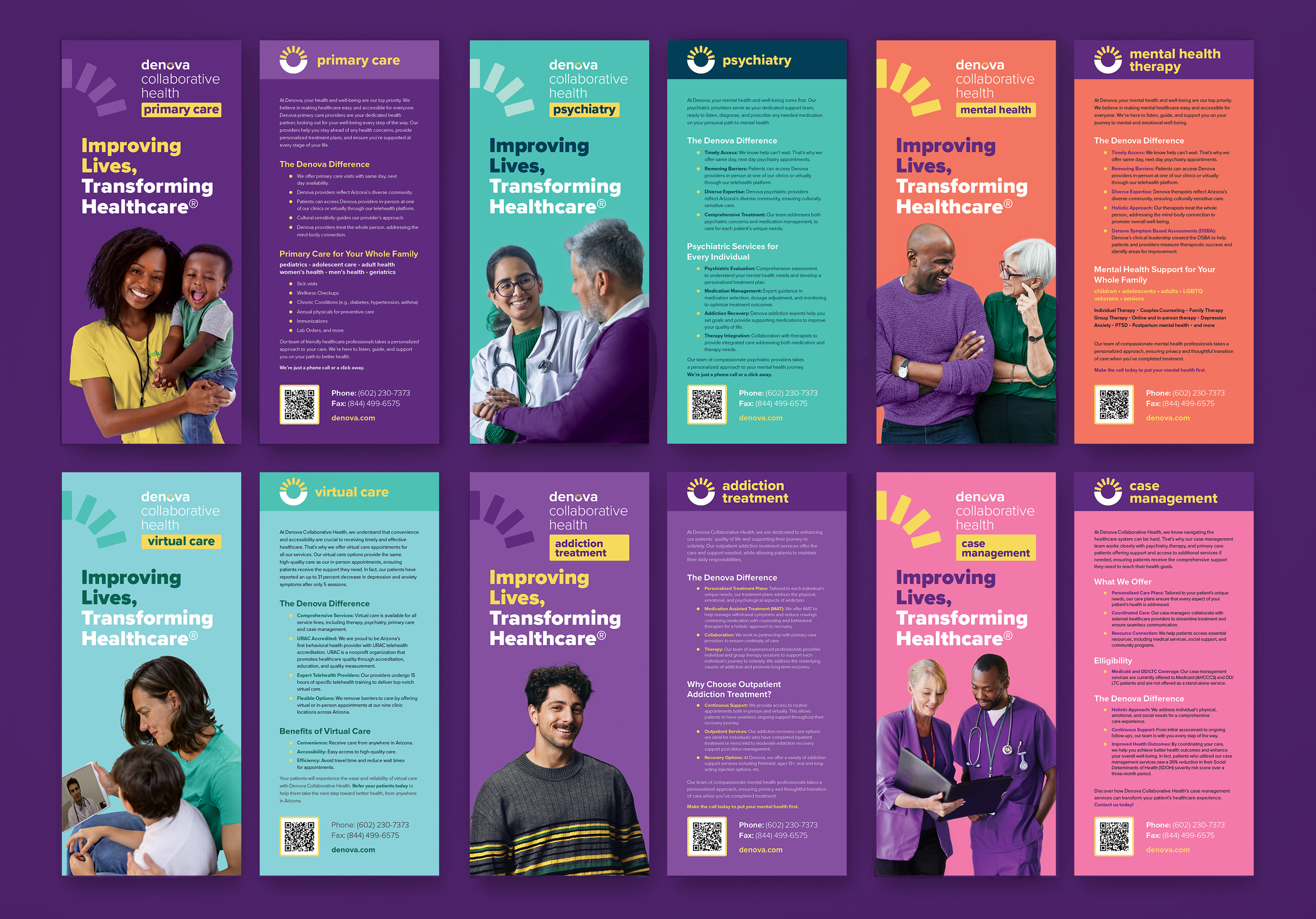 The full set of Denova rack cards fanned out, a different color for each service line, each carrying a portrait of a patient or clinician.