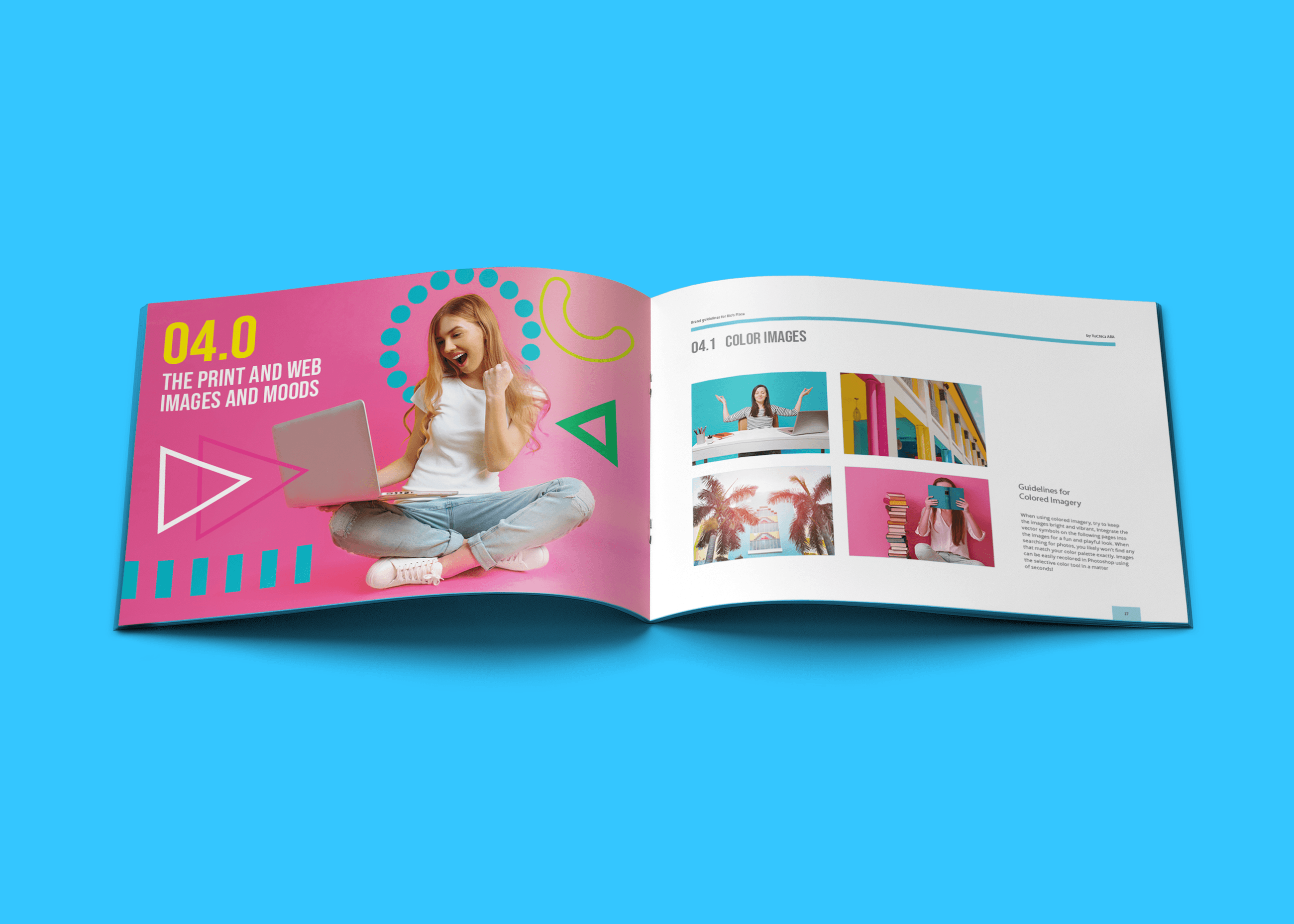 The Rio's Place brand guidelines open to a section spread showing photography and layout rules.