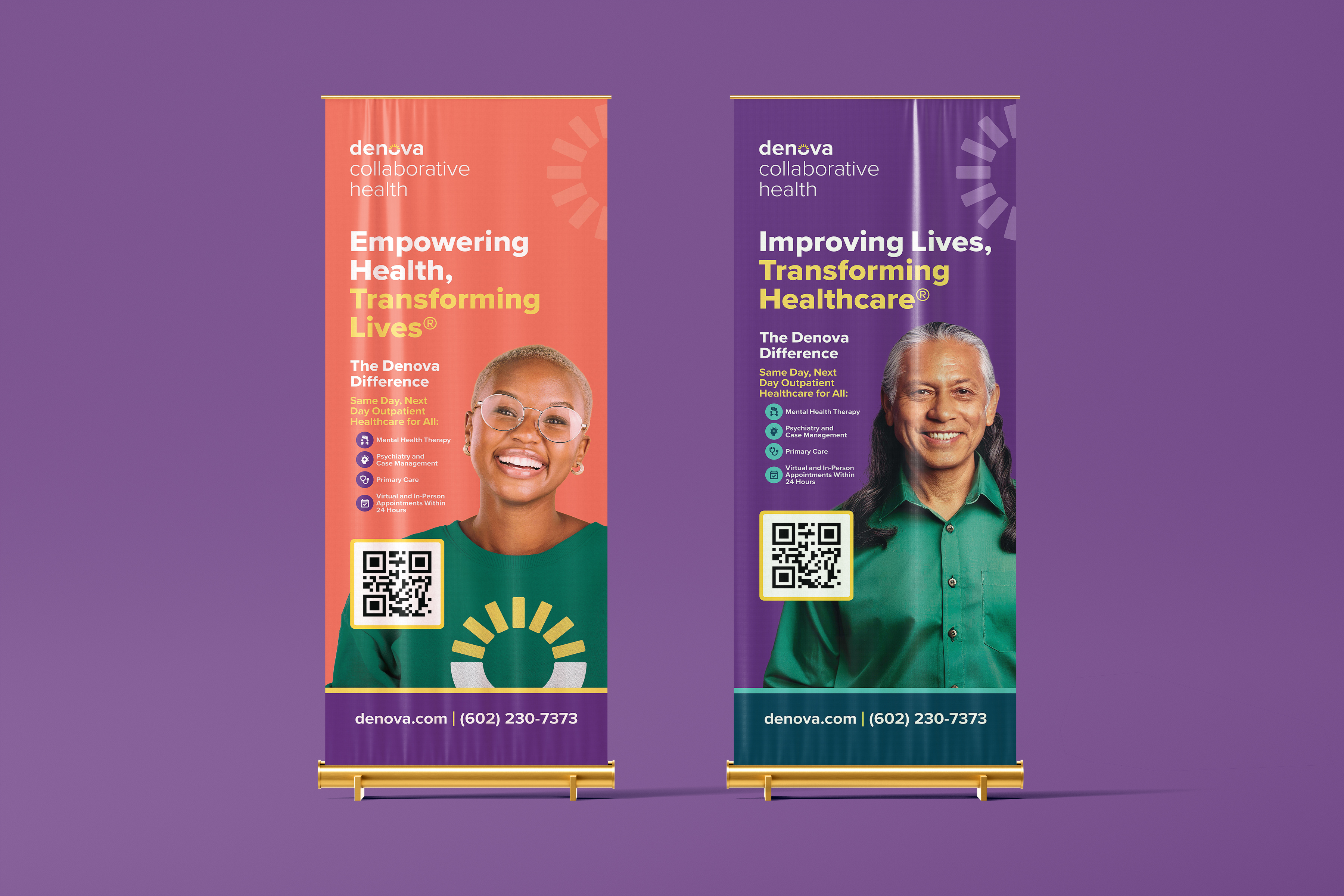 Two Denova pull-up banners, orange and purple, reading “Empowering Health, Transforming Healthcare” and “Improving Lives, Transforming Healthcare,” each with a QR code.