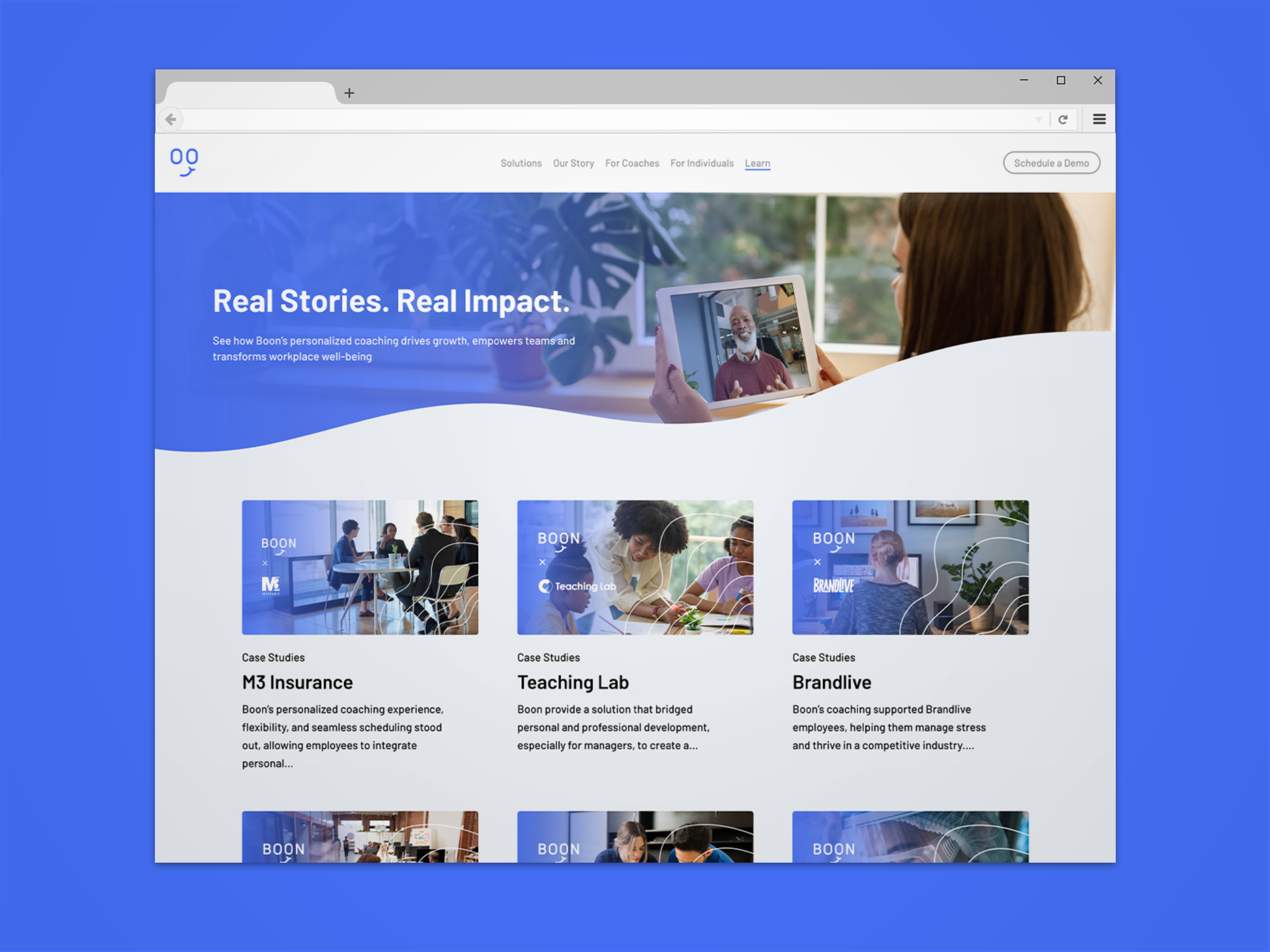A browser window on the Boon page headed “Real Stories. Real Impact.,” with three story cards below.