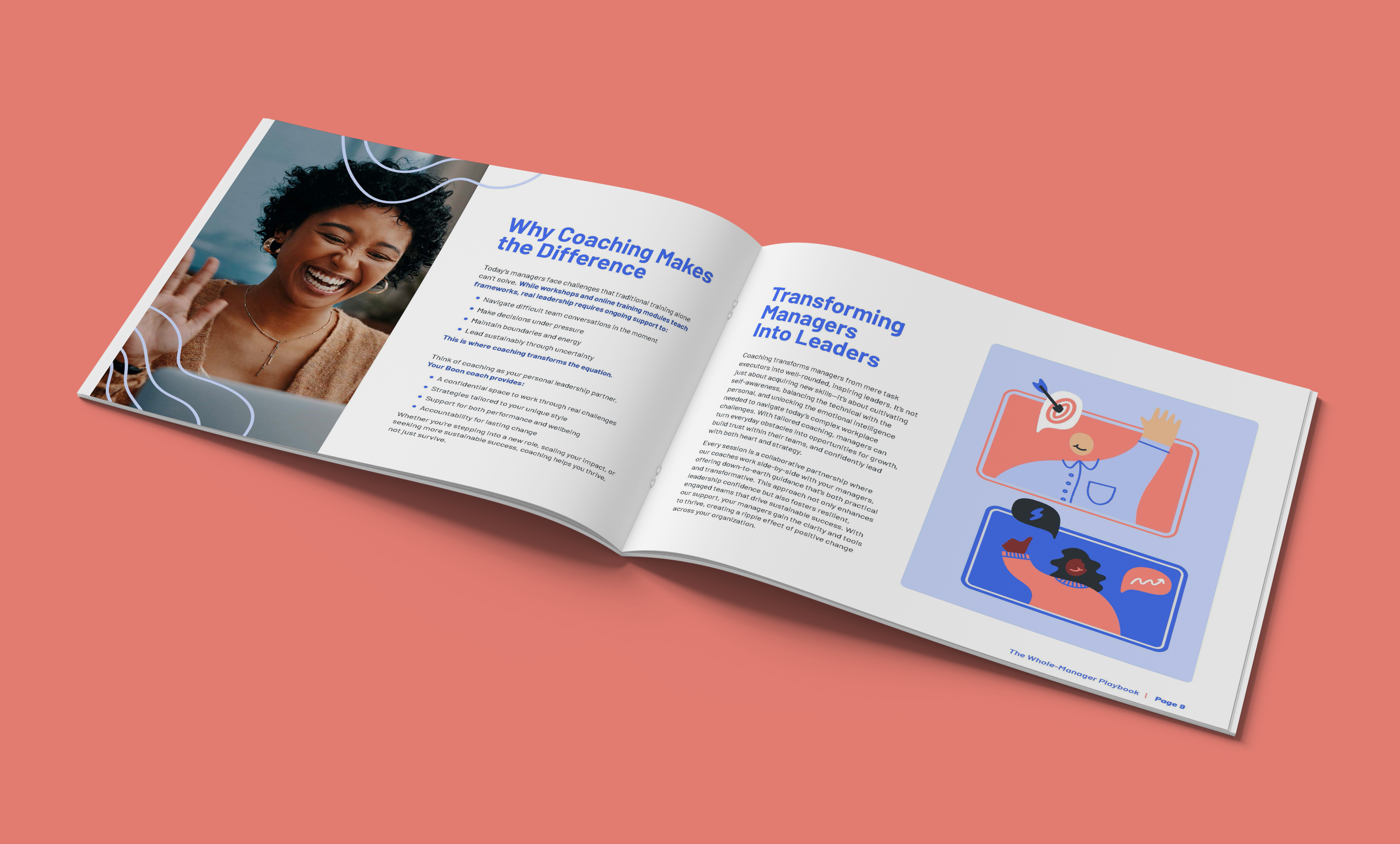 An open Boon guide spread, “Why Coaching Makes the Difference,” pairing a portrait with the brand's illustration work.