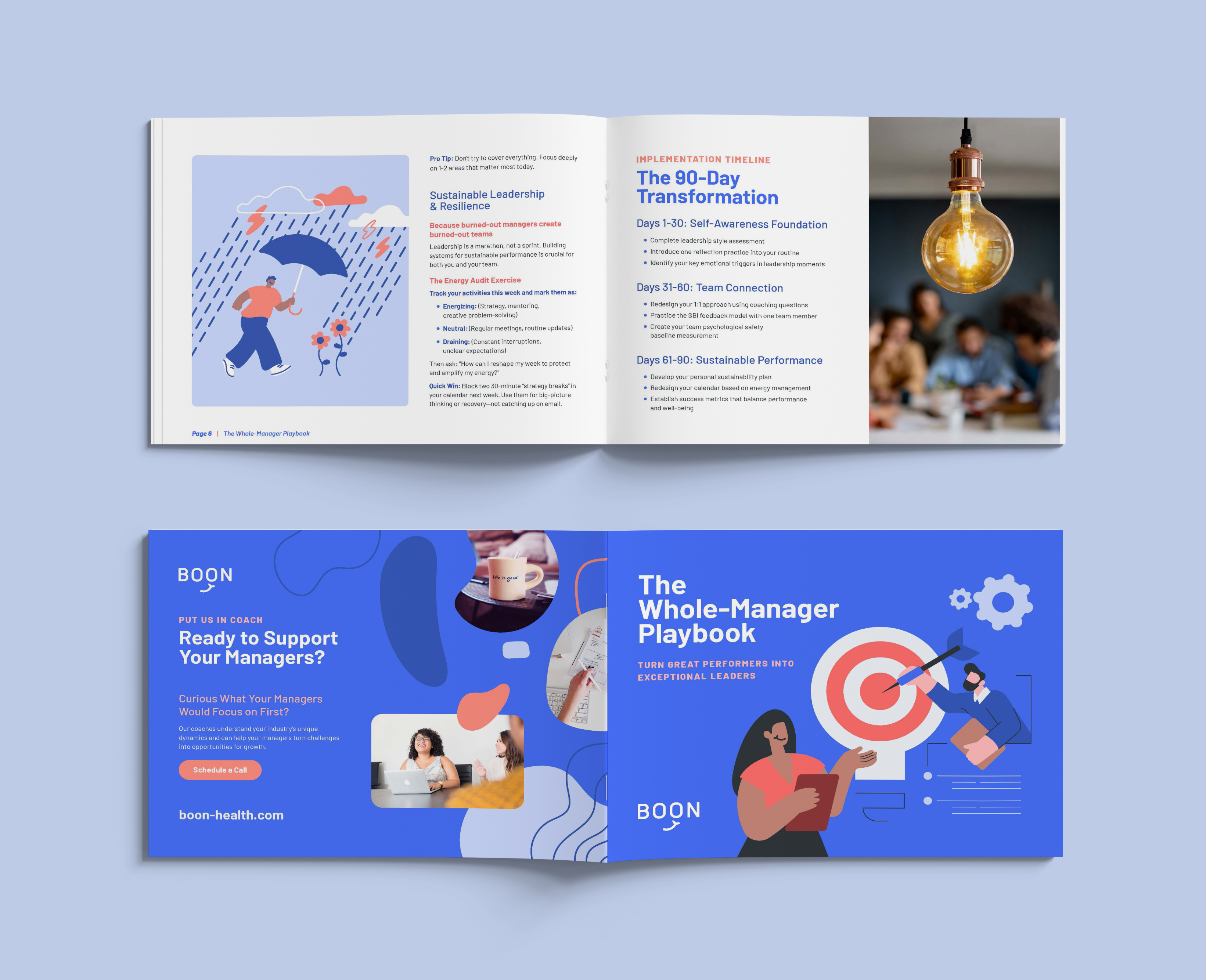 Covers and interior spreads for two Boon guides, The 90-Day Transformation and The Whole-Manager Playbook.