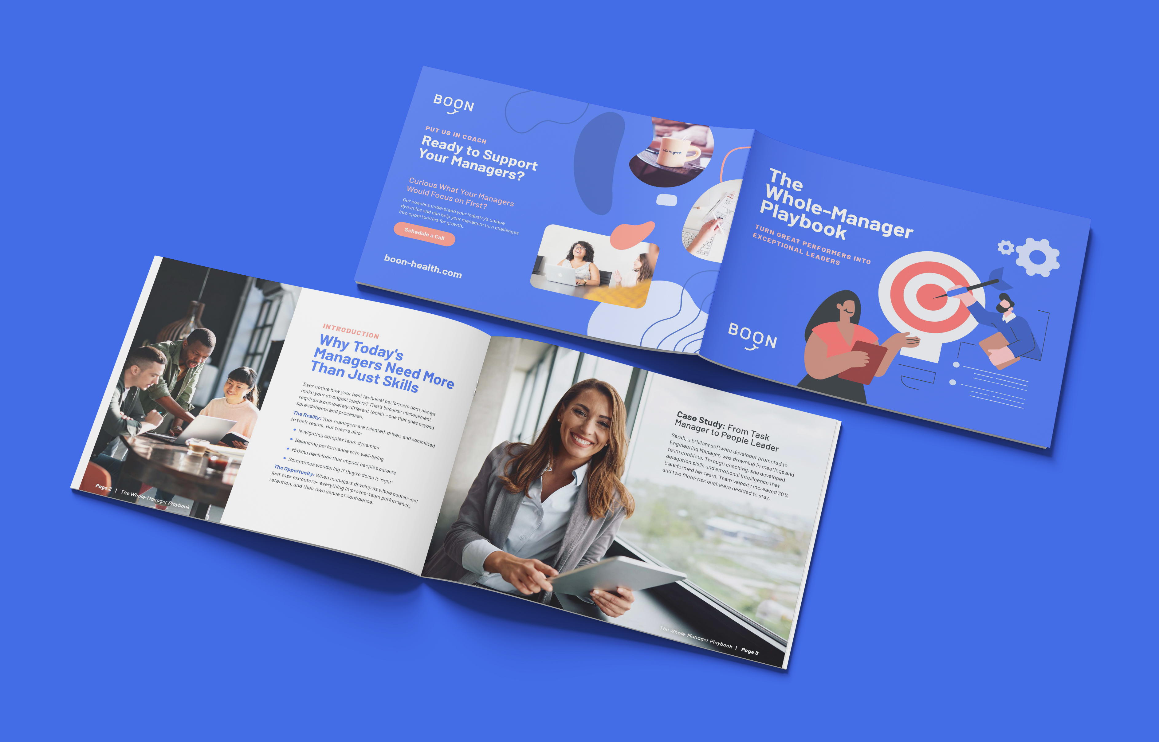 A fanned set of Boon manager guides, showing cover and interior spreads built from the same template.