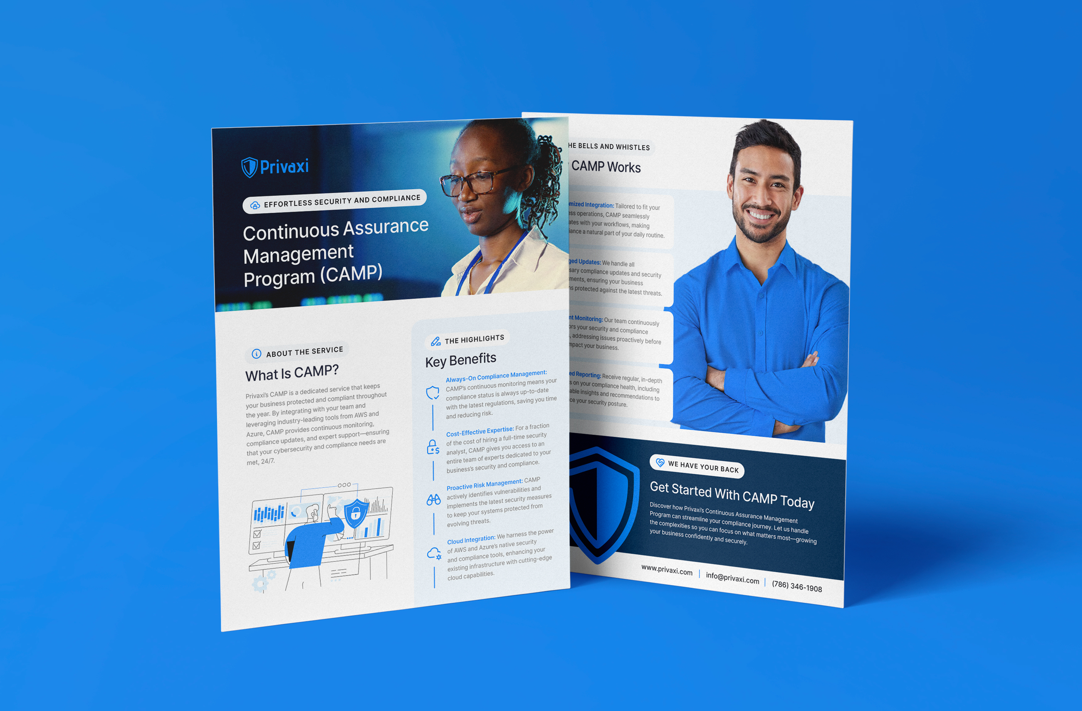 The Privaxi Continuous Assurance Management Program trifold, opened to the “Meet Your CAM Coach” panel.