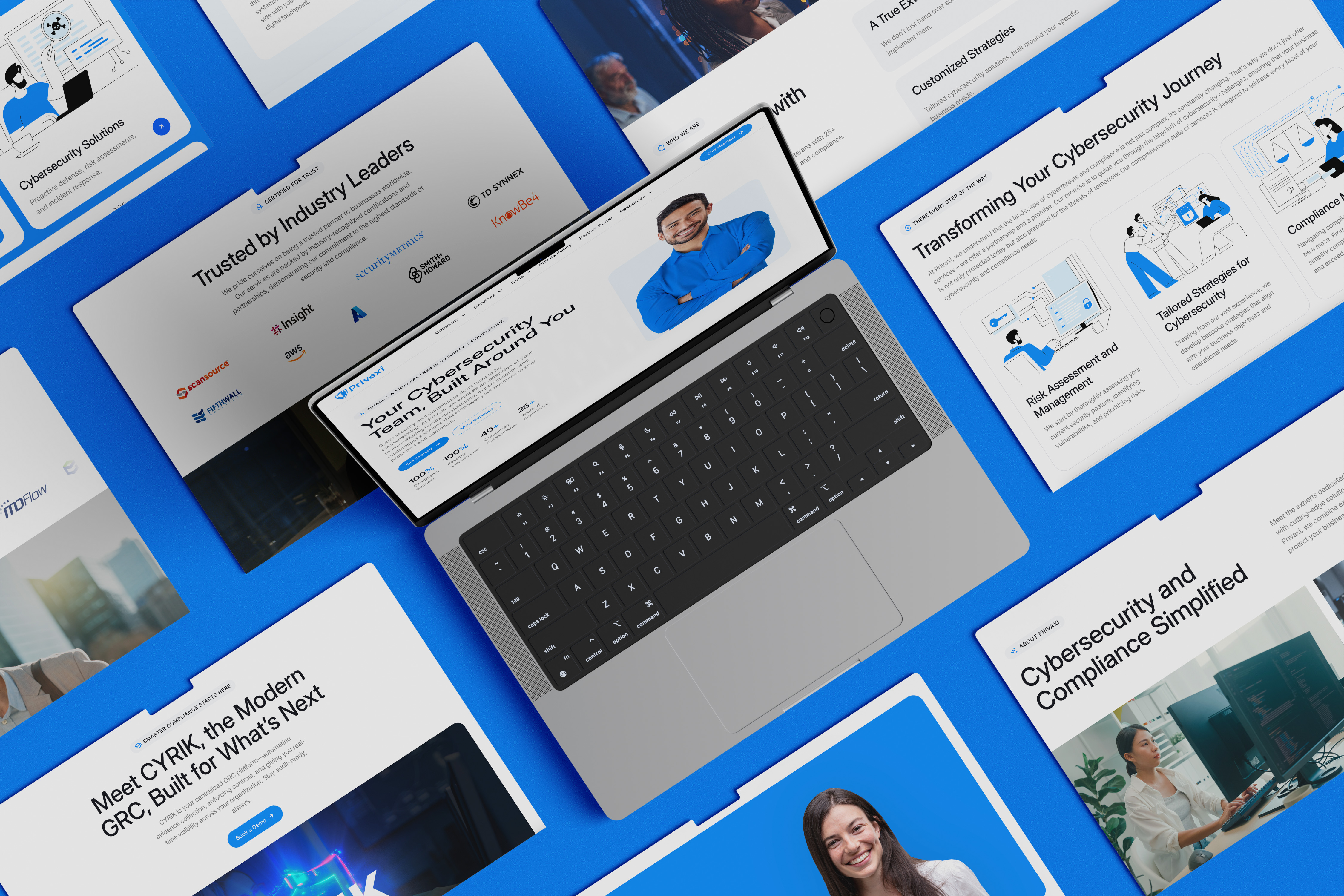 An angled array of Privaxi web pages around a laptop, covering compliance journeys and cybersecurity services.
