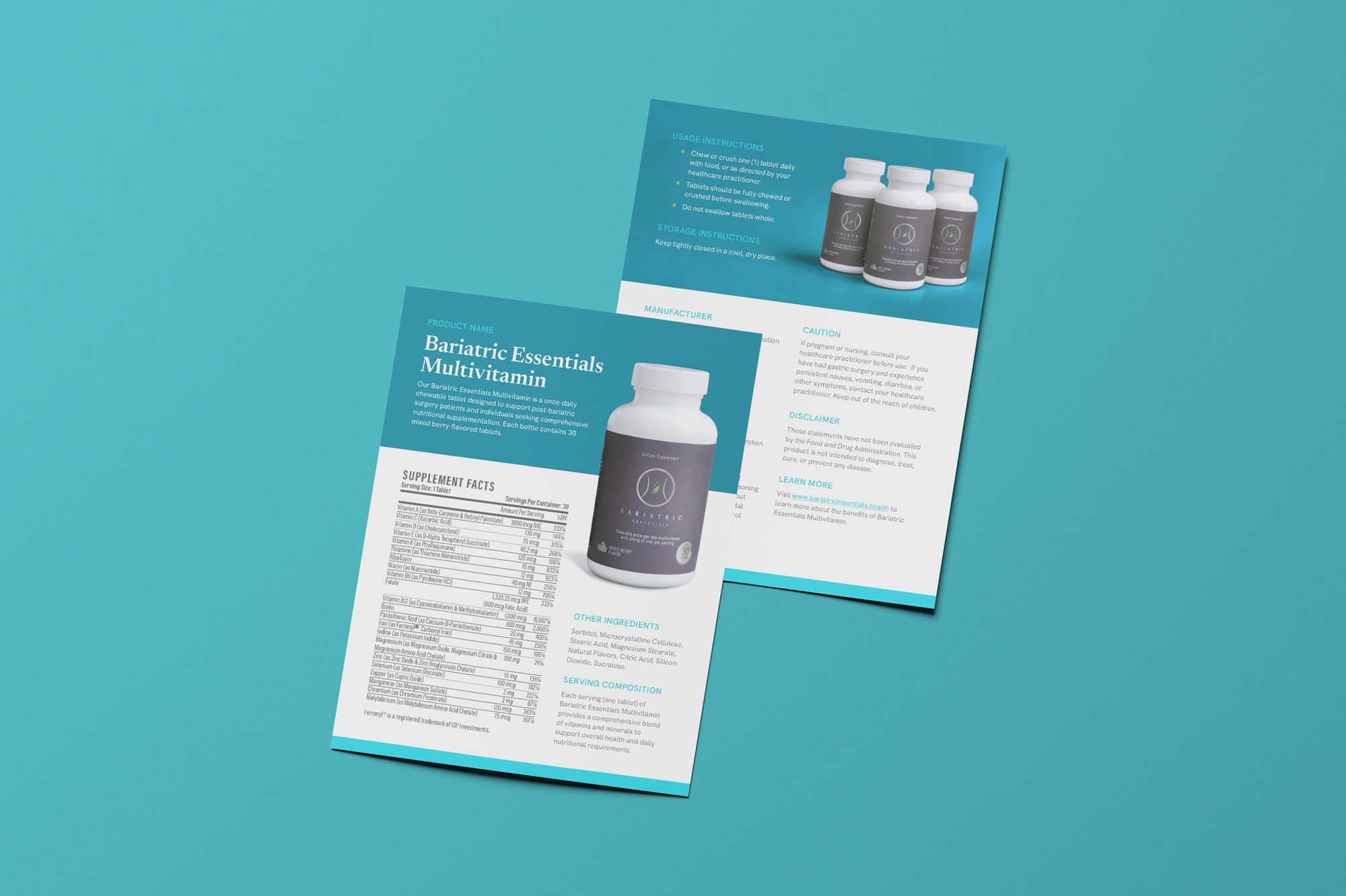 Printed Bariatric Essentials product information sheets, laying out ingredients and directions alongside the bottle.