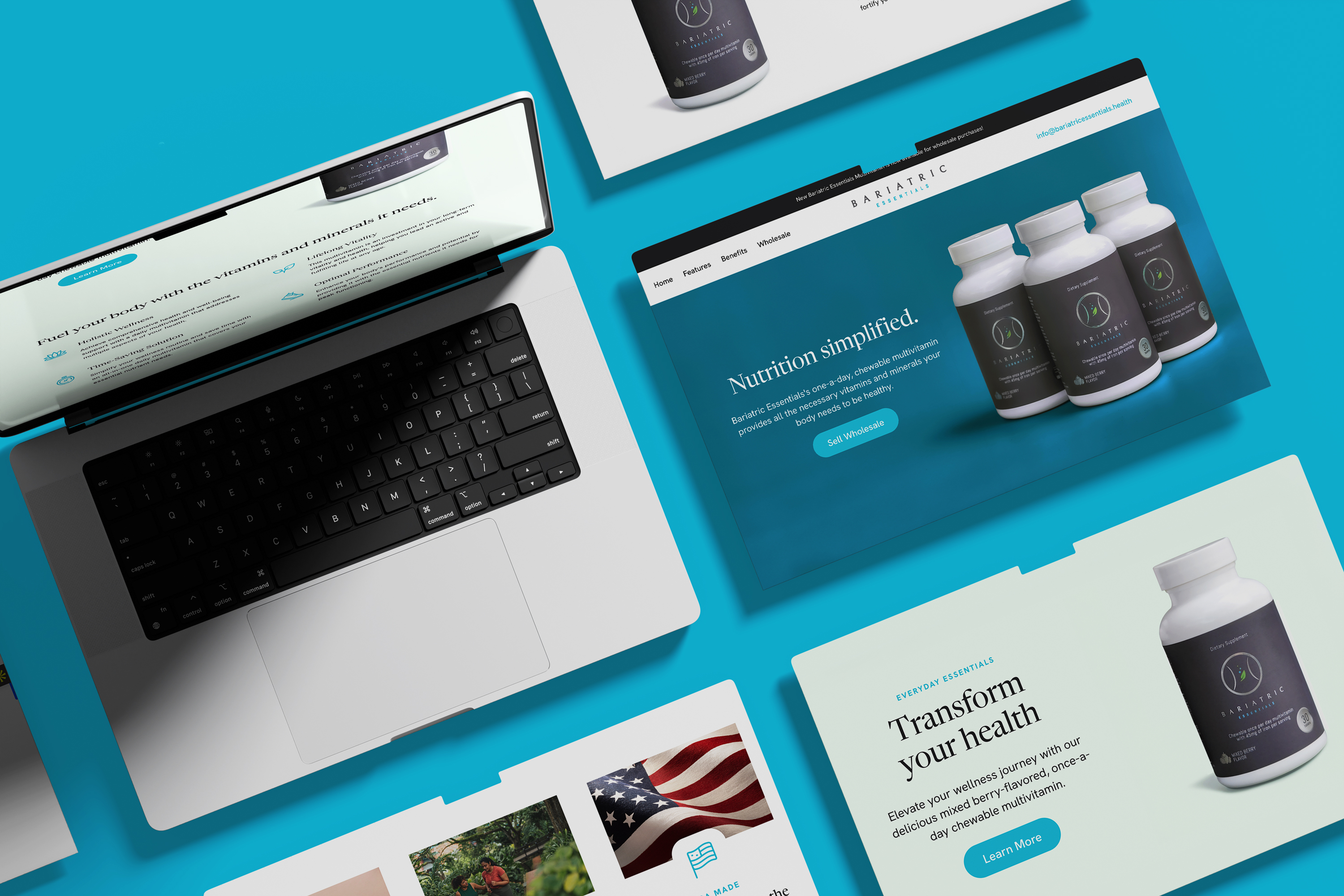 The Bariatric Essentials storefront shown across a laptop and page screens, with product bottles and the line “Transform your health.”