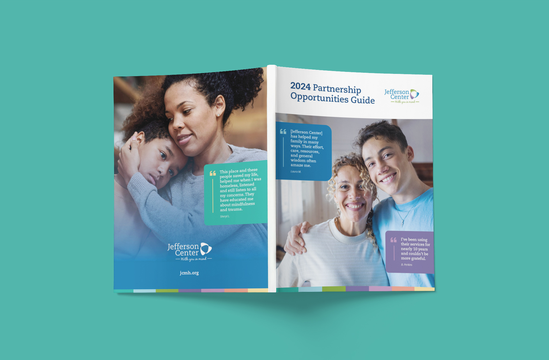 Front and back covers of the Jefferson Center Partnership Opportunities Guide, carrying photographs of people in conversation.