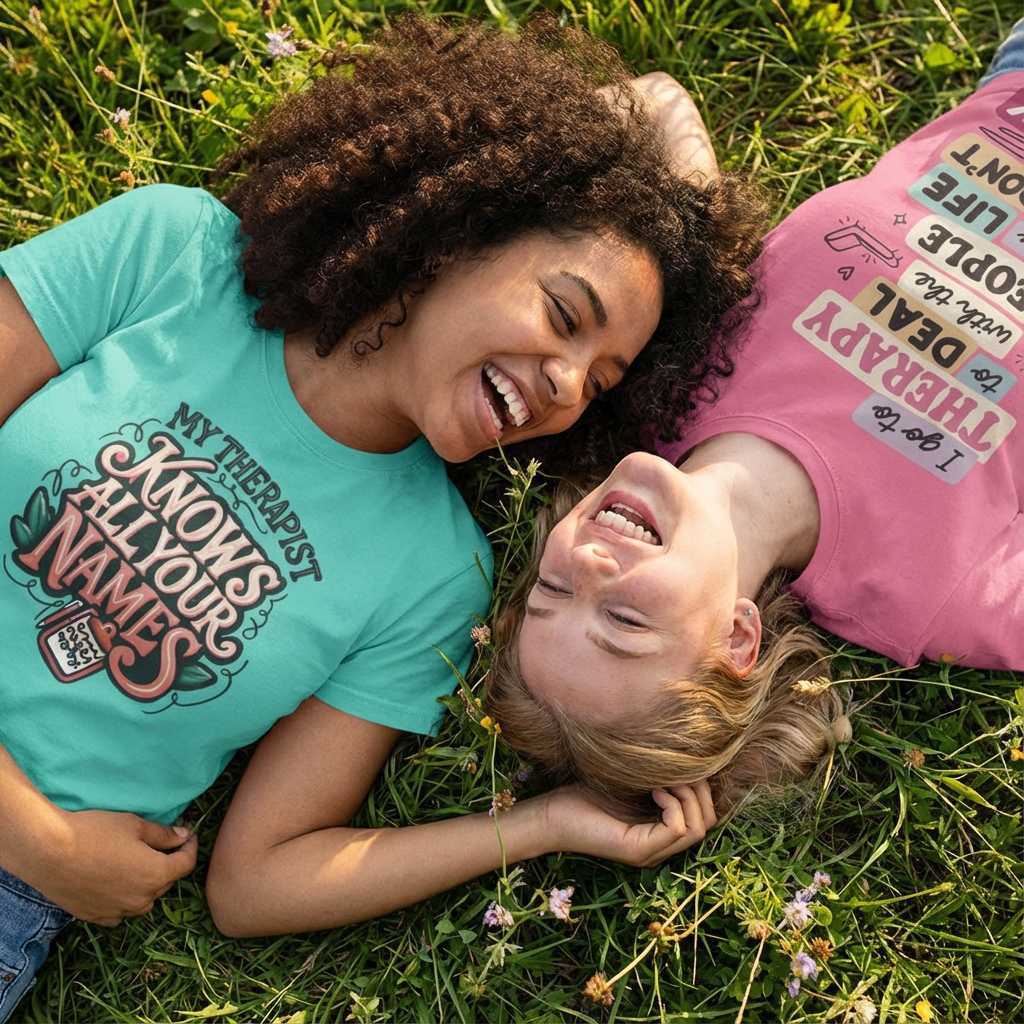 Two friends lying on the grass wearing Self-Care Shirts tees.