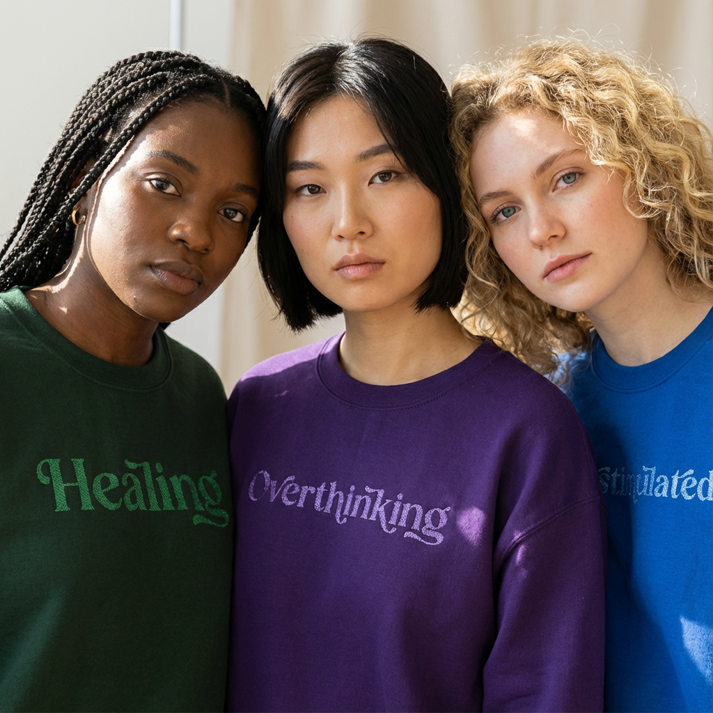 Three women standing together in Self-Care Shirts sweatshirts, one green, one purple, one blue.