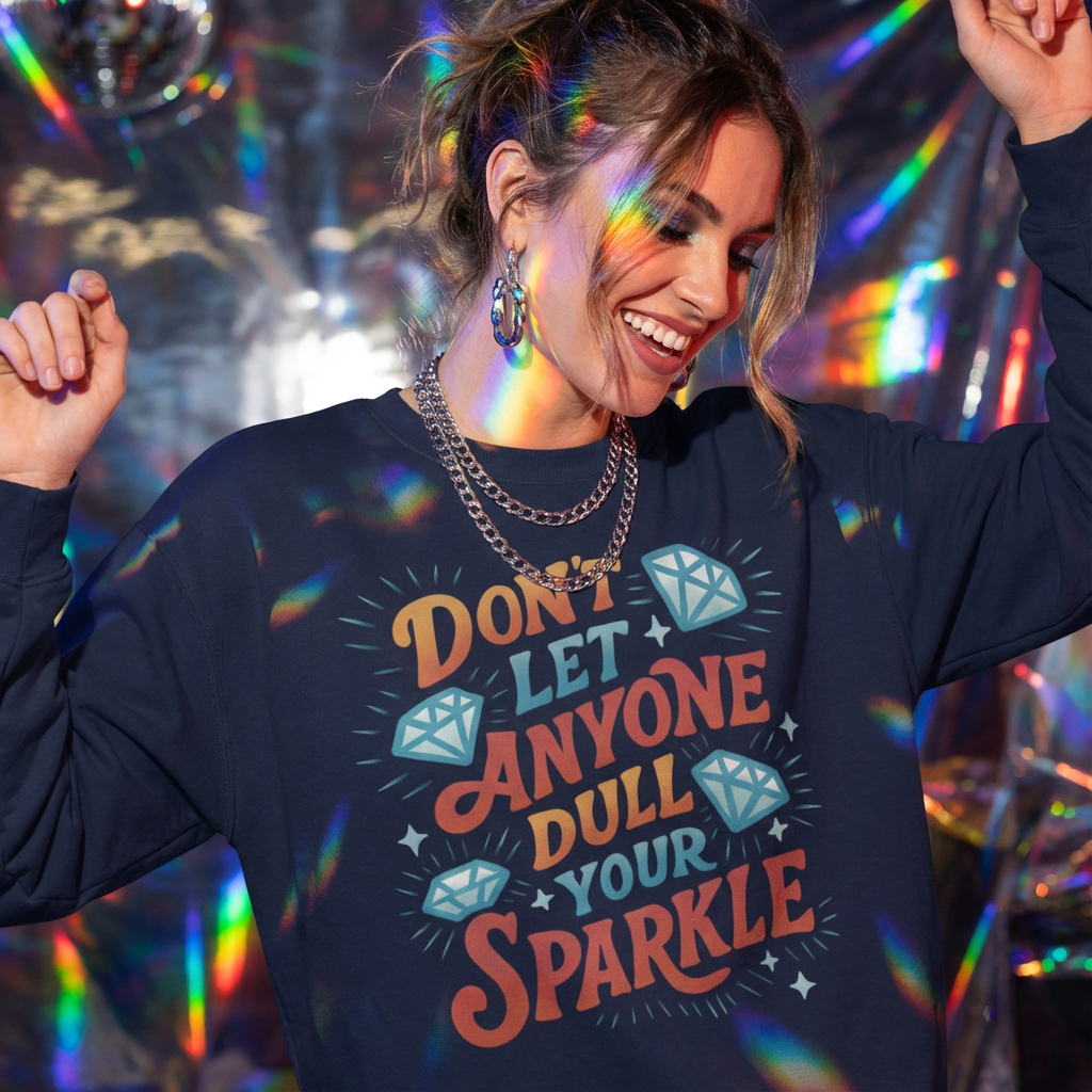 A woman in a navy sweatshirt reading “Don't Let Anyone Dull Your Sparkle,” caught in a burst of light flare.