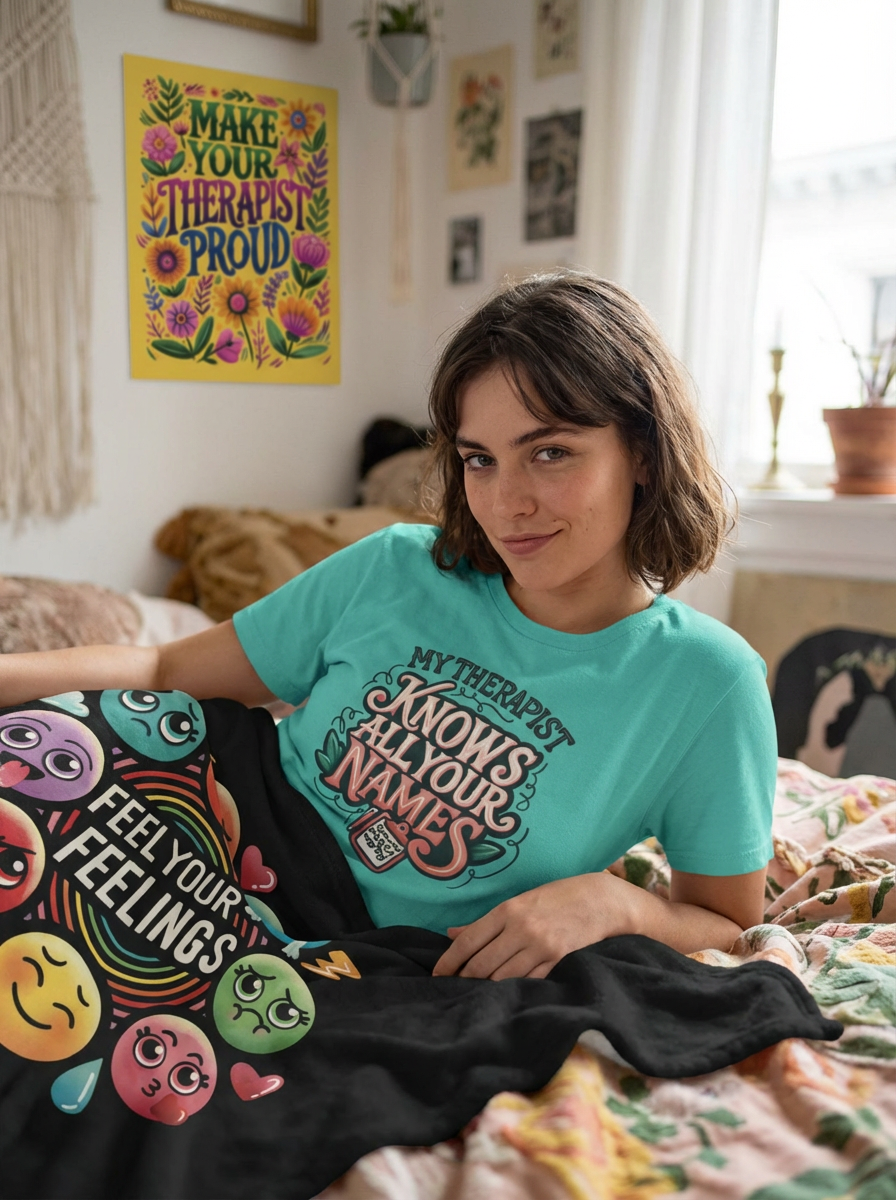 A woman sitting on a bed in a teal Self-Care Shirts tee, surrounded by the brand's stickers and prints.
