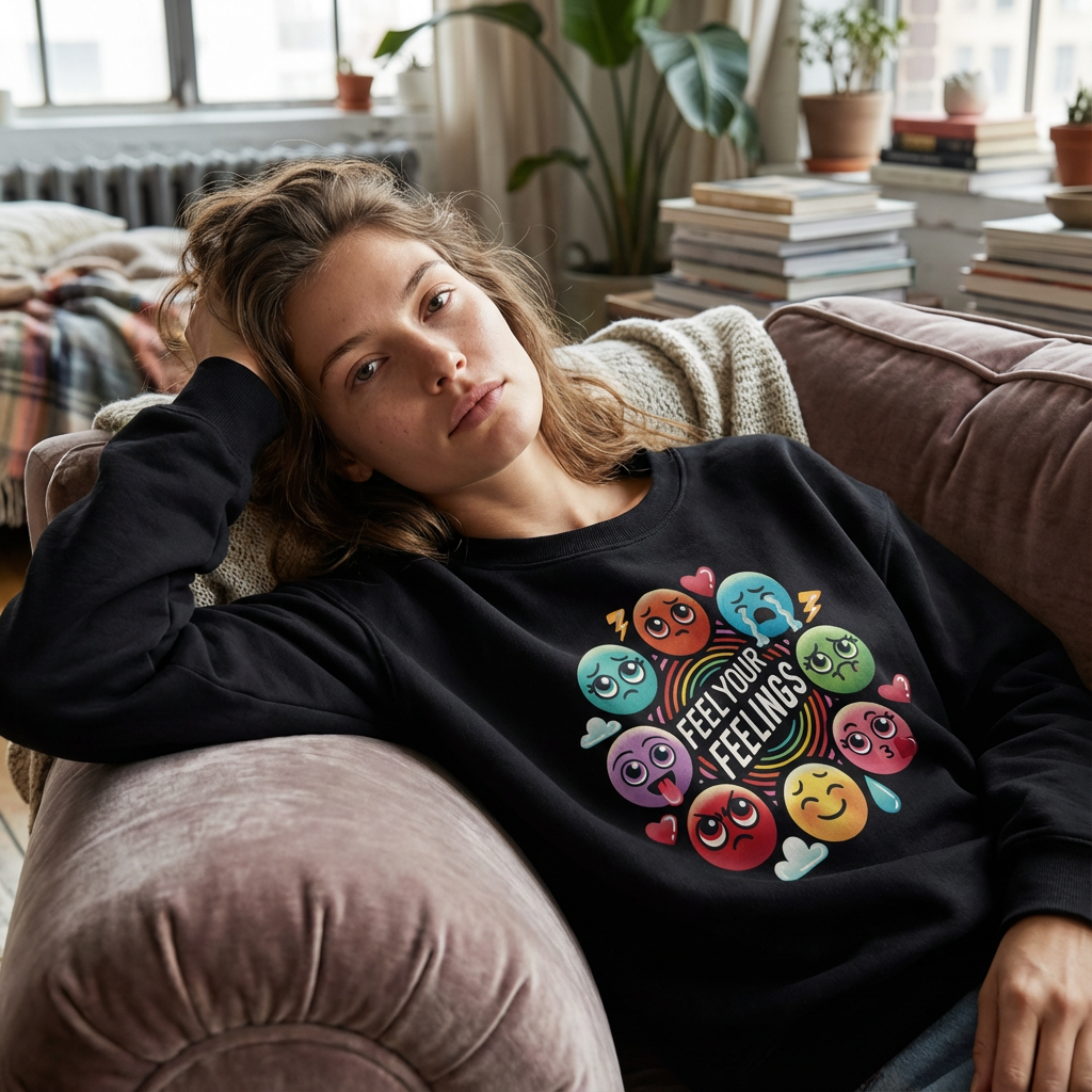 A woman resting on a sofa in a black sweatshirt carrying a circular hand-drawn design.