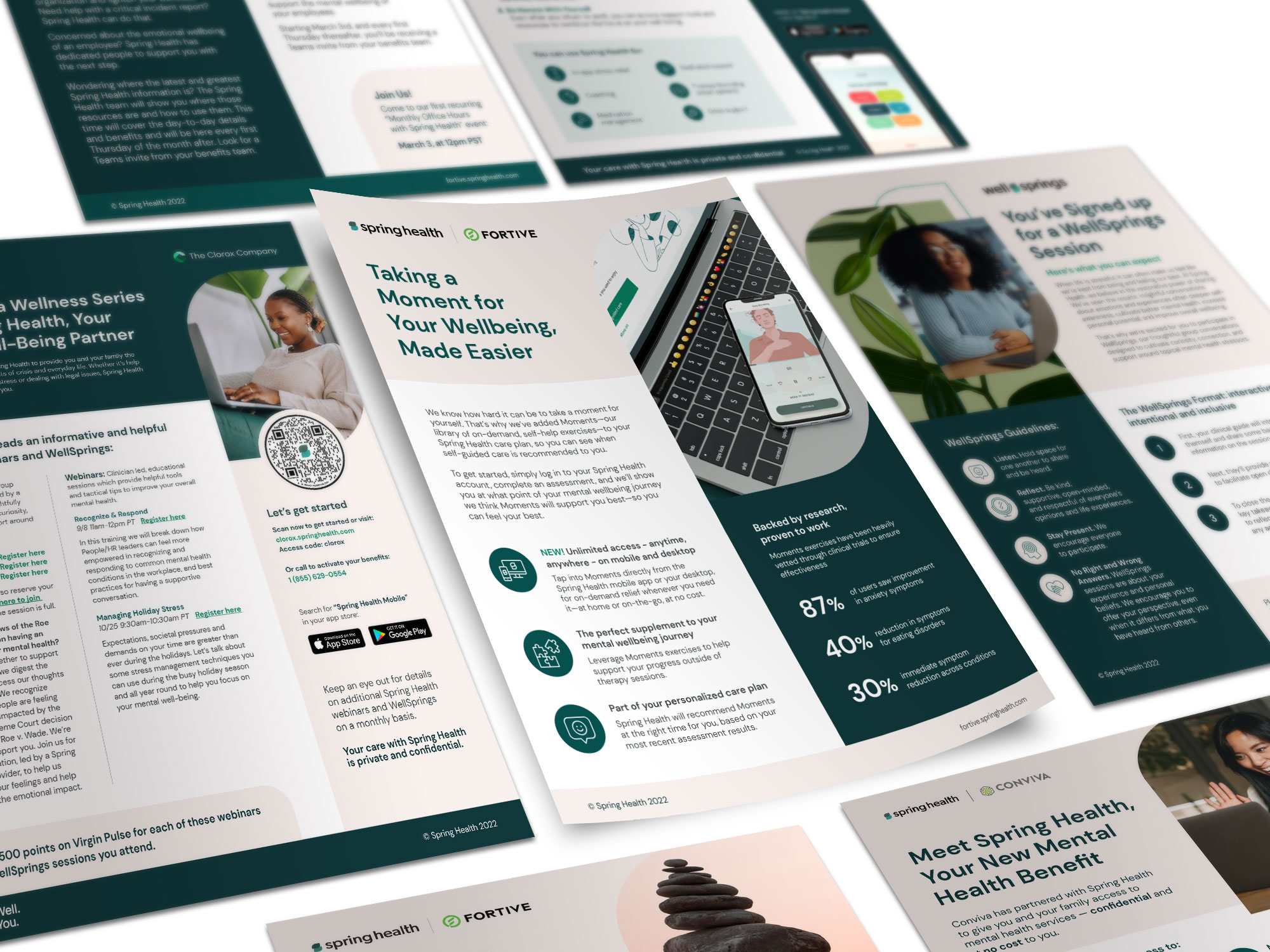 A fanned set of Spring Health one-pagers and guides, including a piece on taking a mental health day.
