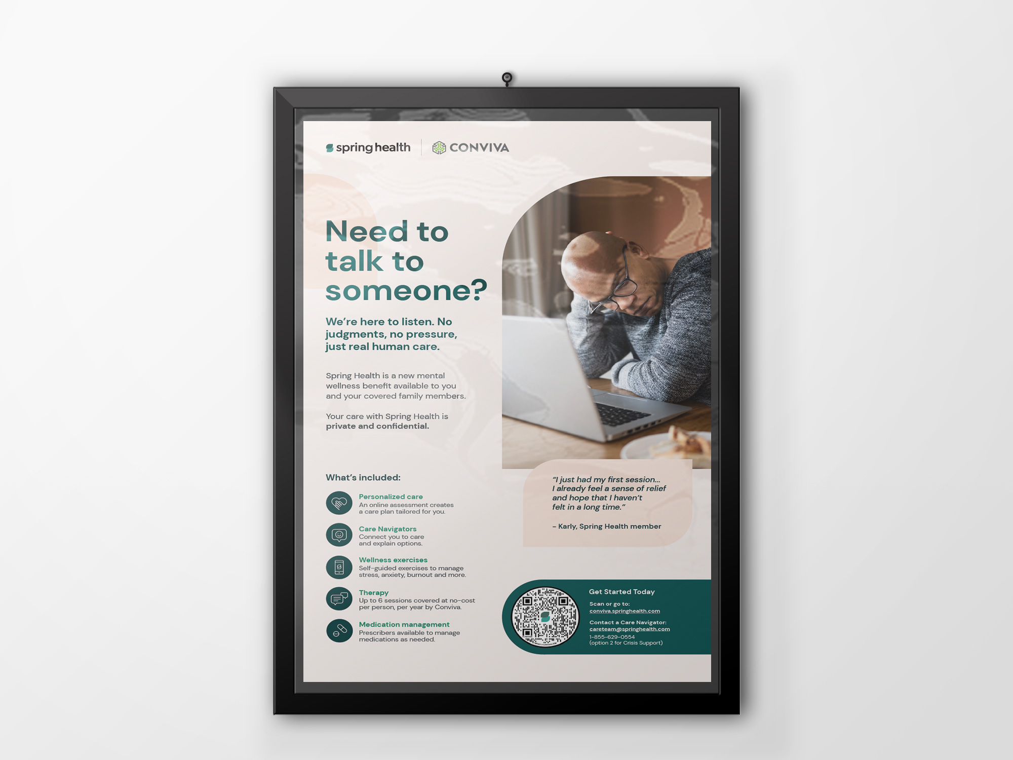 A framed workplace poster asking “Need to talk to someone?”, co-branded with a partner organization.
