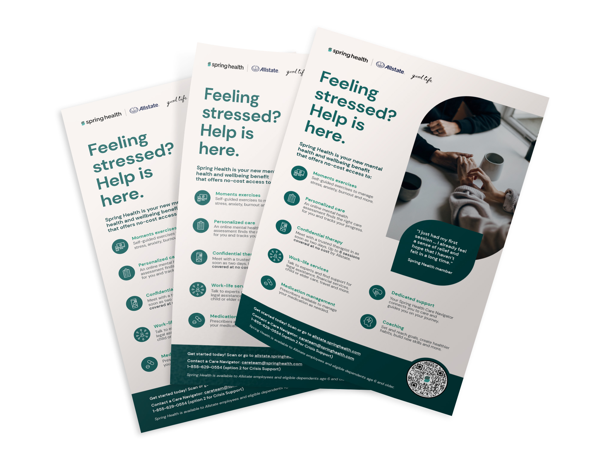 Three fanned co-branded flyers reading “Feeling stressed? Help is here.”