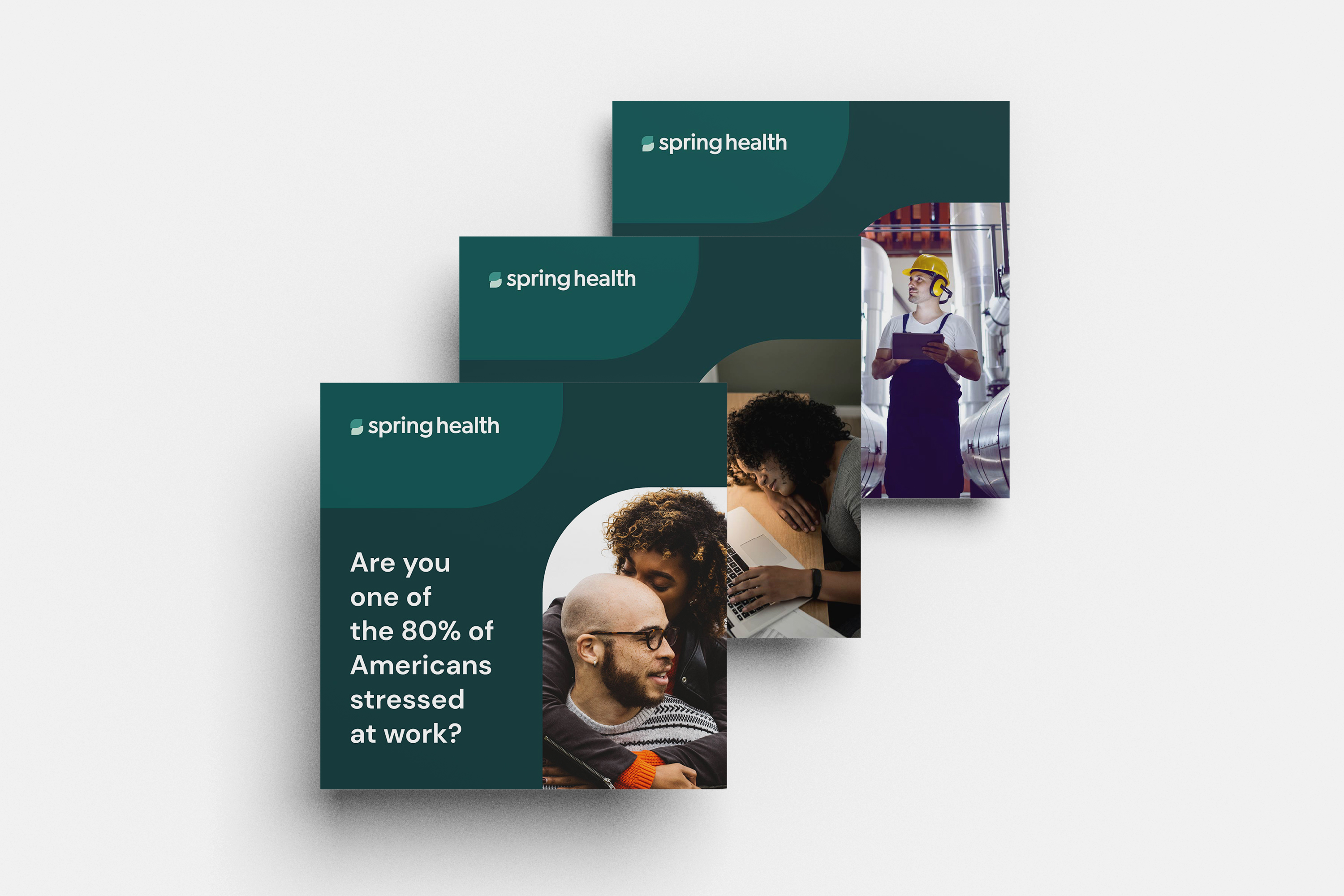 Stacked Spring Health social ads, the lead one asking “Are you one of the 80% of Americans stressed at work?”