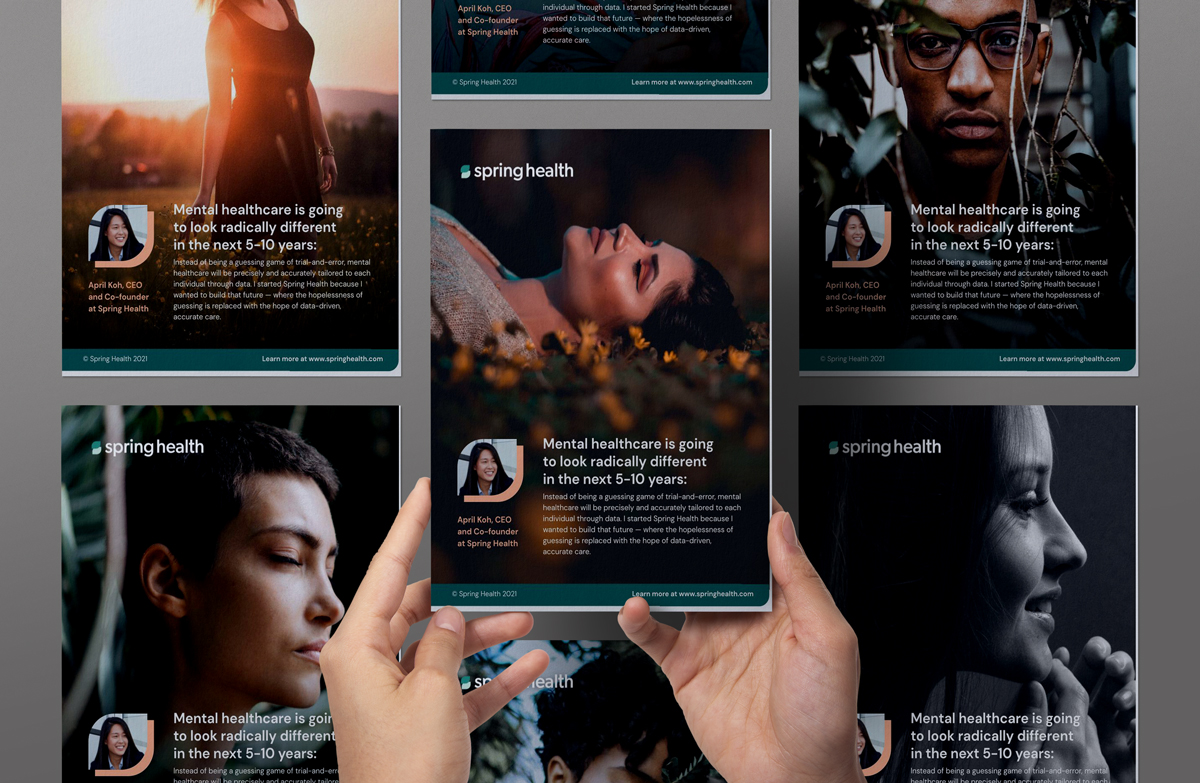 A phone held in both hands showing Spring Health social ads on the future of mental healthcare.