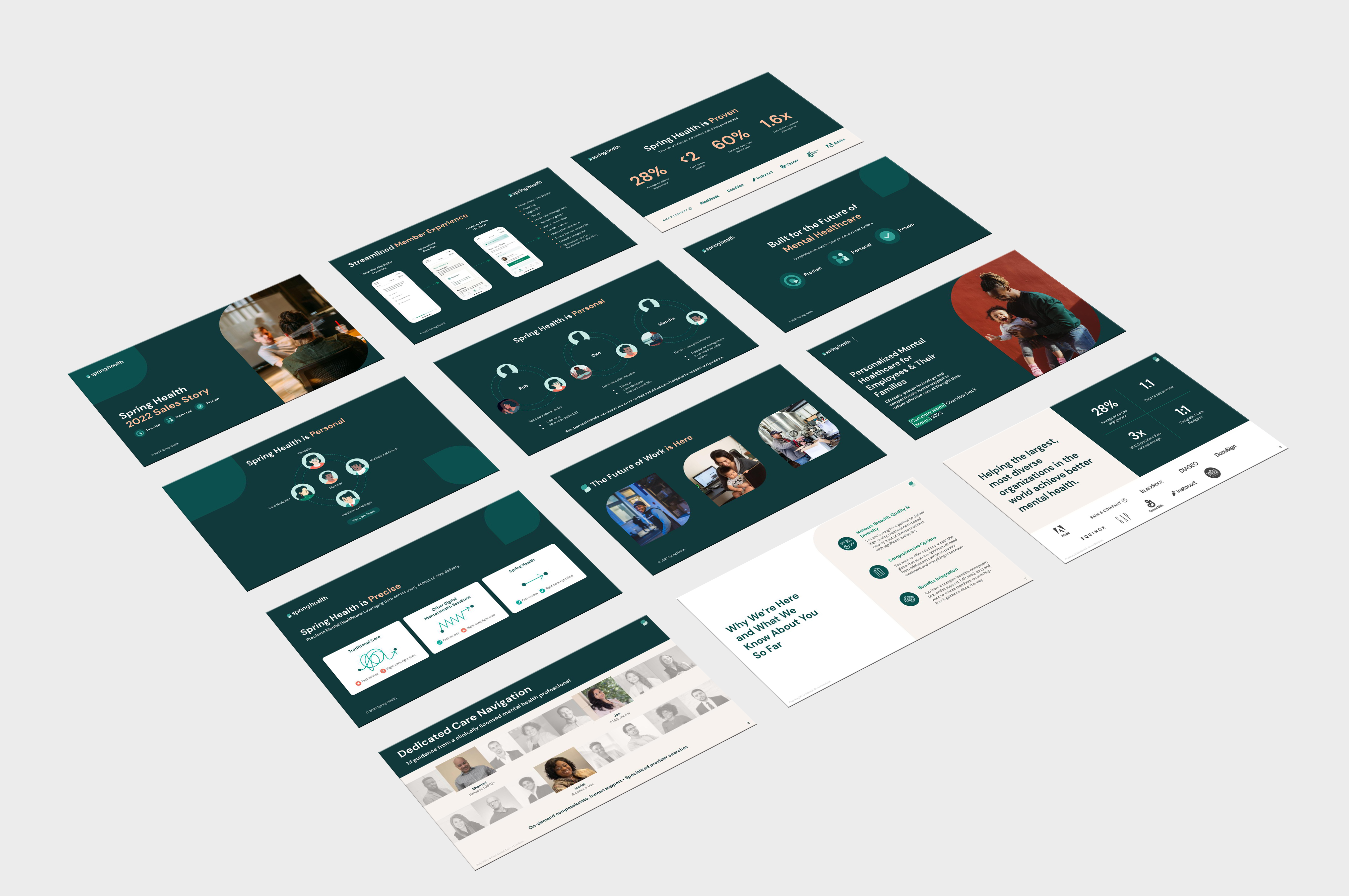 An array of Spring Health presentation slides, showing the deck system in the brand's deep teal.