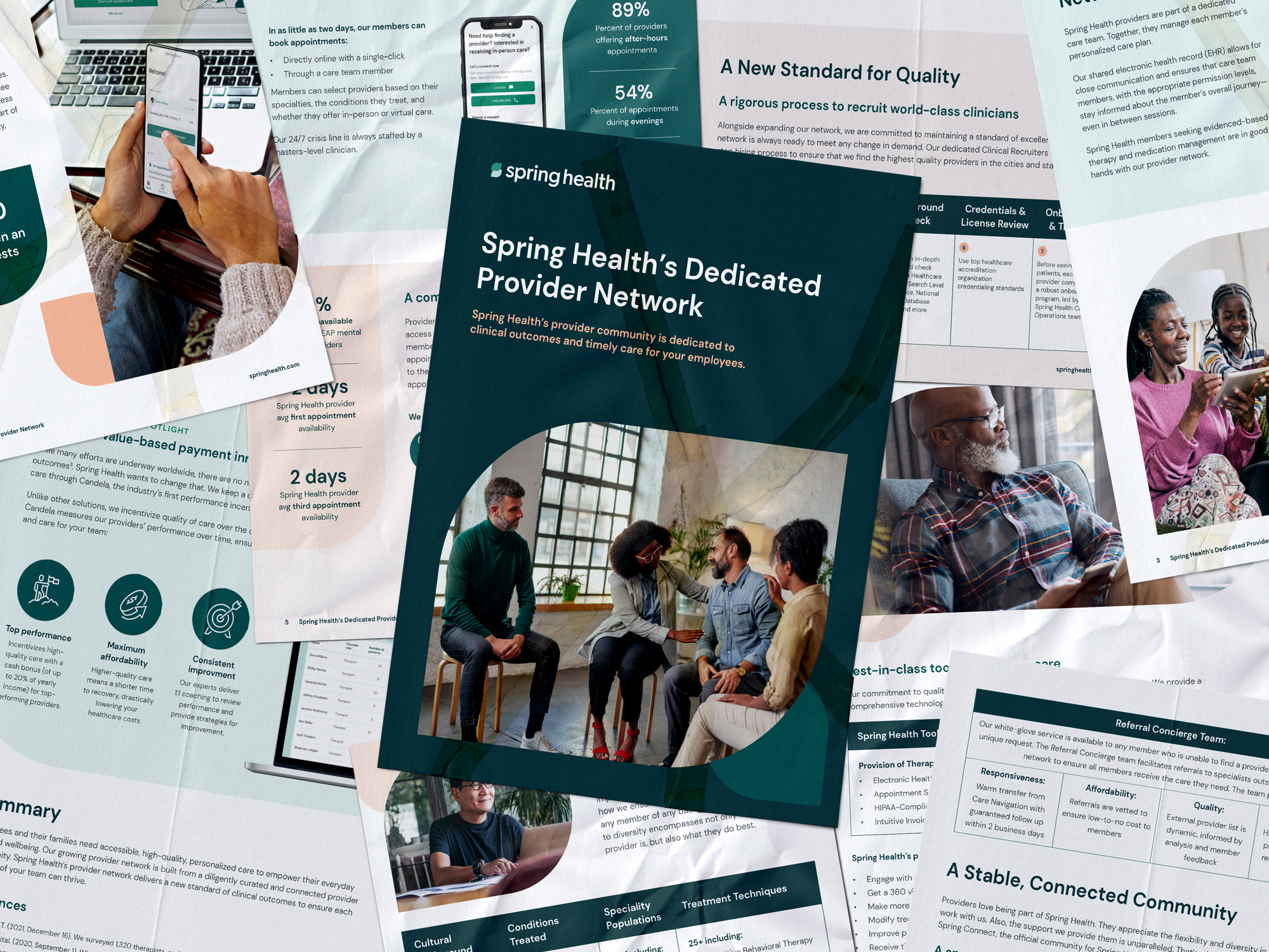 Collateral on Spring Health's dedicated provider network, fanned across print and mobile layouts.
