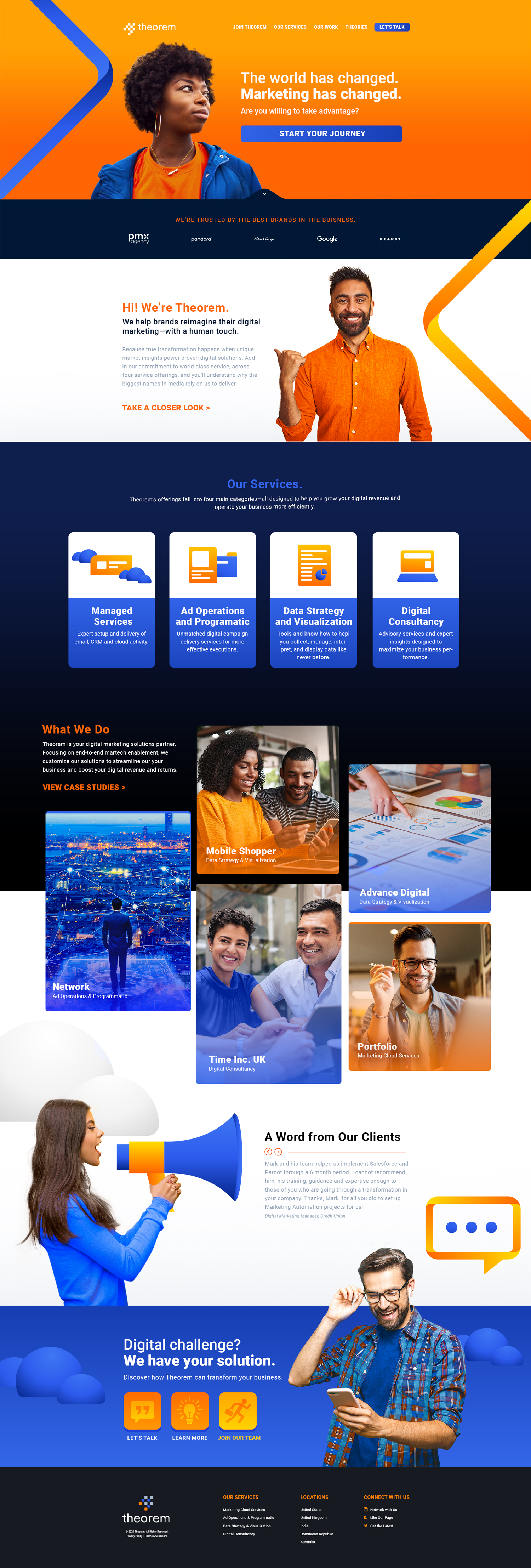 The redesigned Theorem homepage, full desktop layout, in the brand's orange and deep blue.