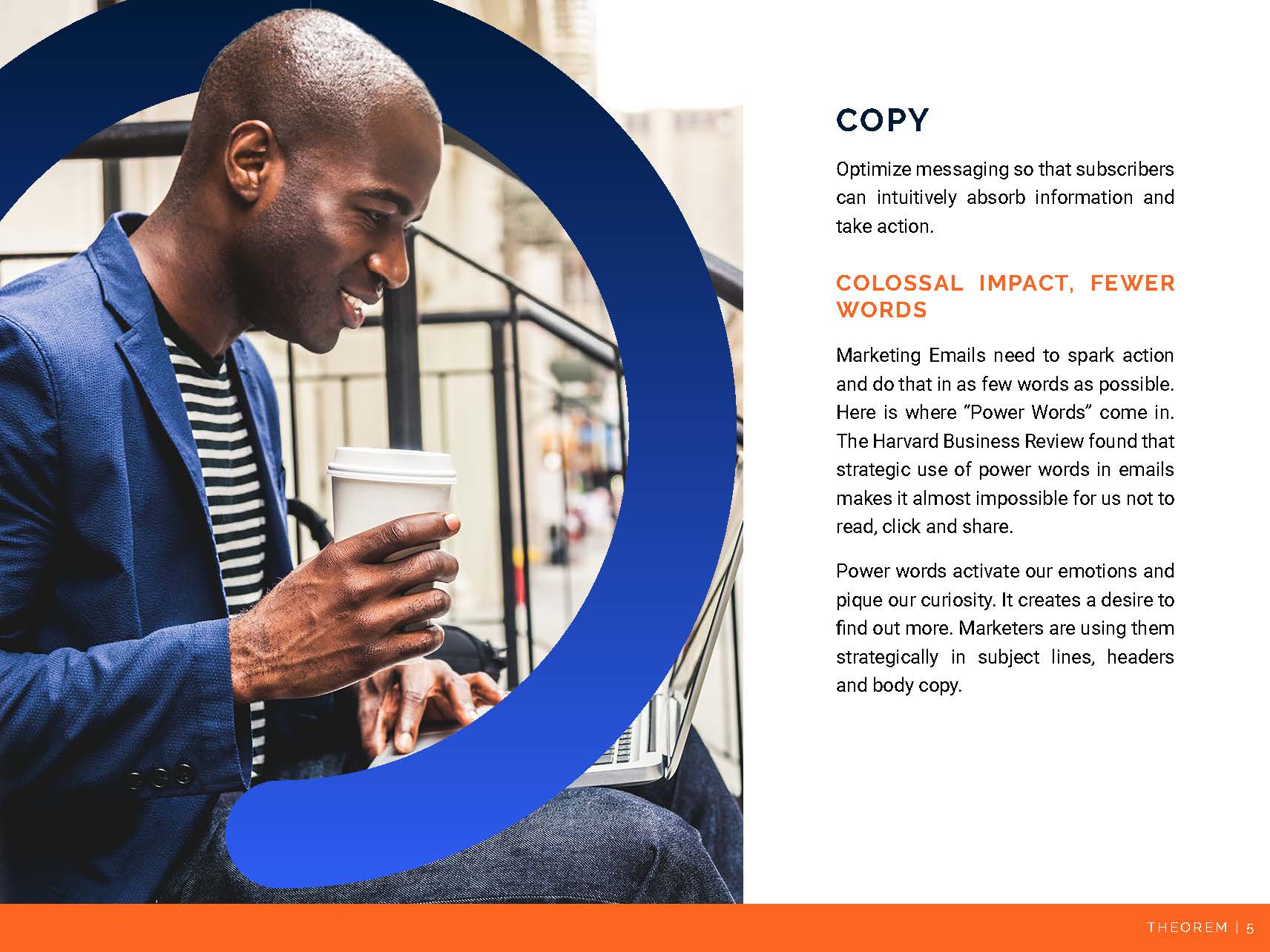 The ebook's copywriting section, paired with a photograph of a man reading his phone.
