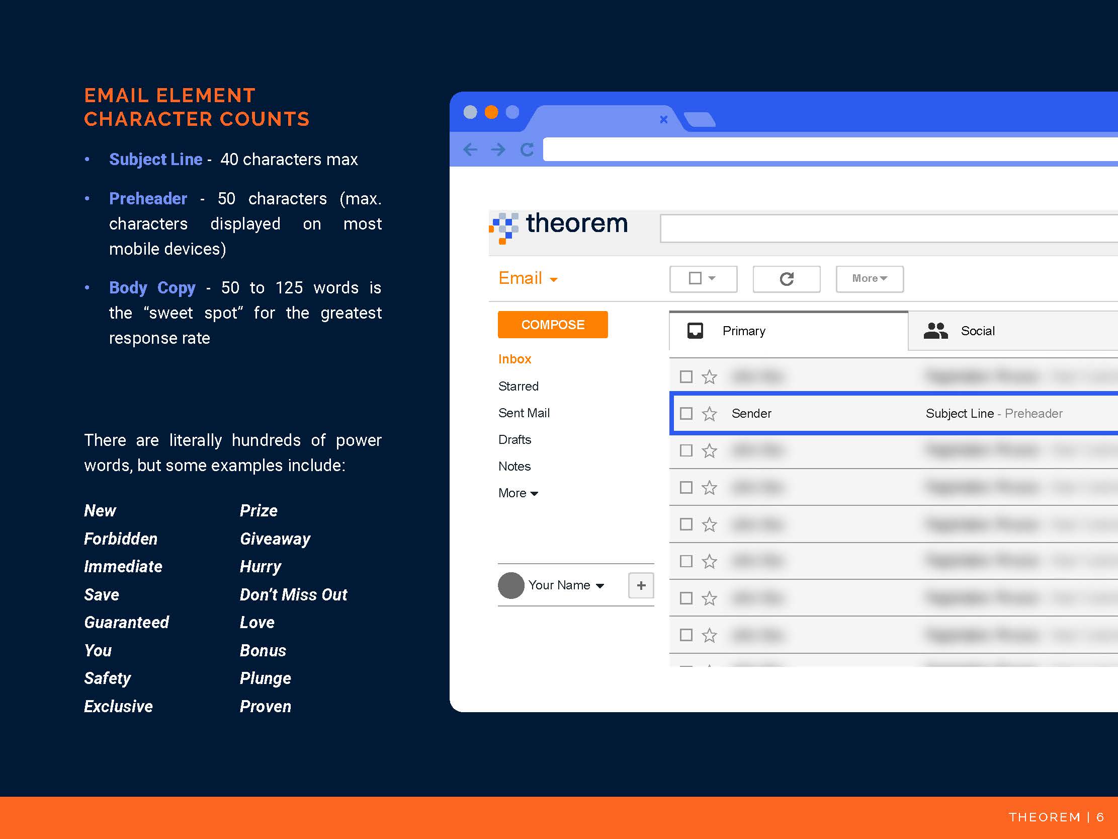 An ebook page on email character counts, pairing reference lists with an inbox interface.