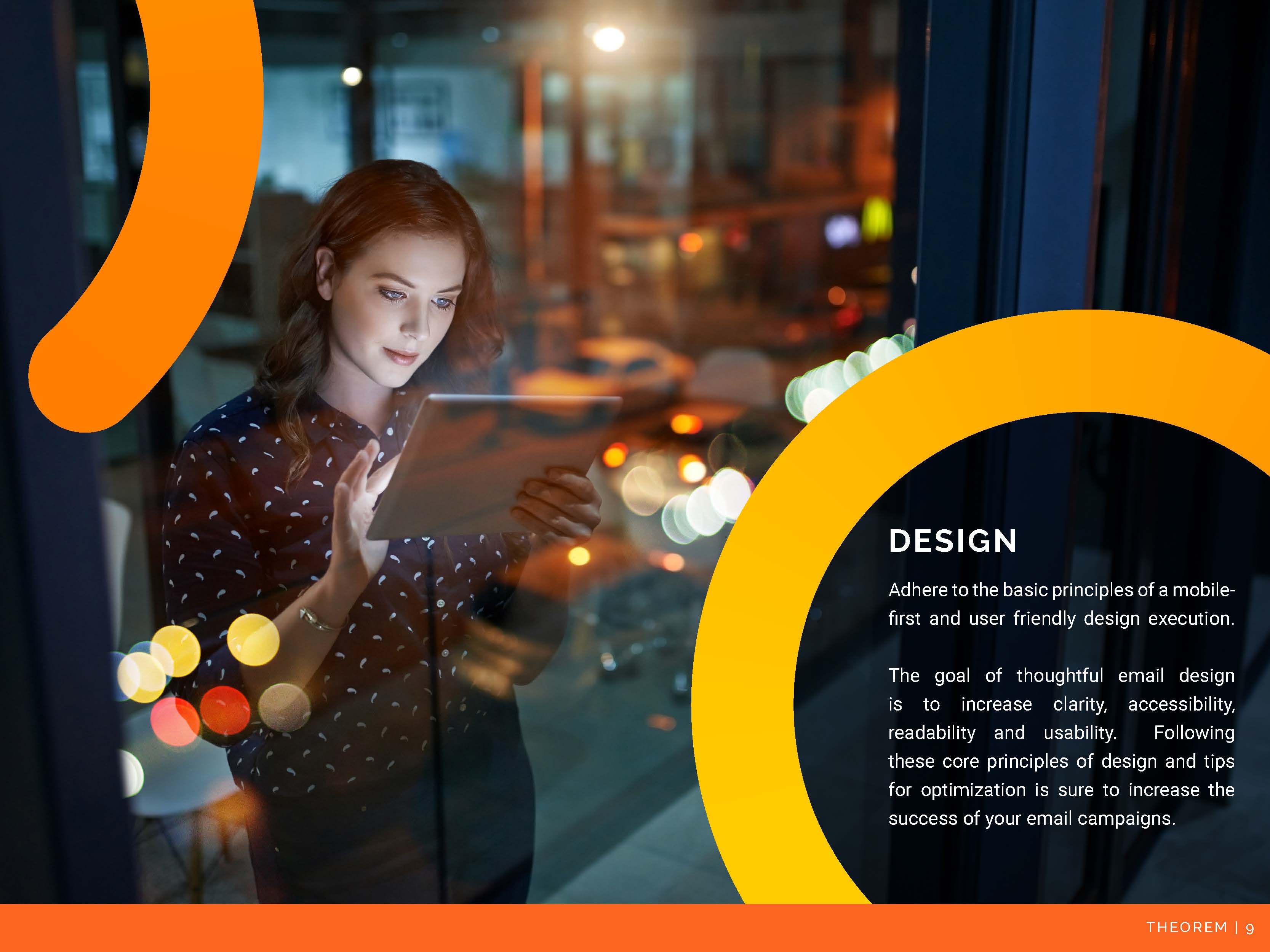 The ebook's design section, its text set against a night photograph framed by the brand's orange curve.