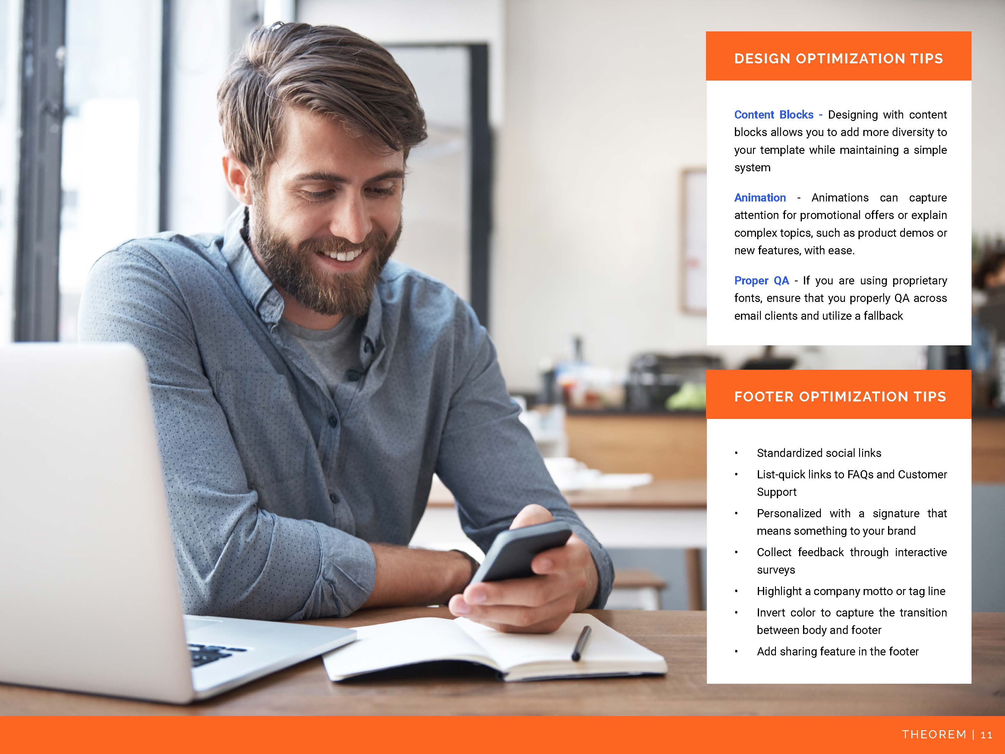 An ebook page of design optimization tips, structured as two colored panels beside a photograph.