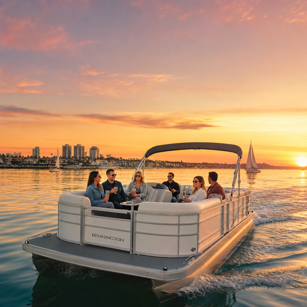 Newport Fun Tours pontoon at sunset