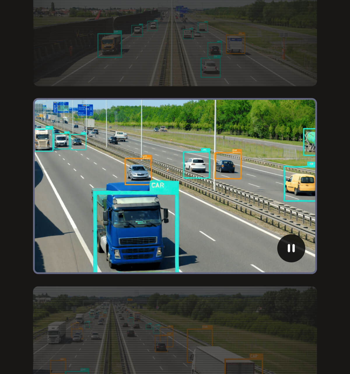 3 video feeds of highways with one highlighted and the cars are labeled to show tracking and monitoring through the video feed.