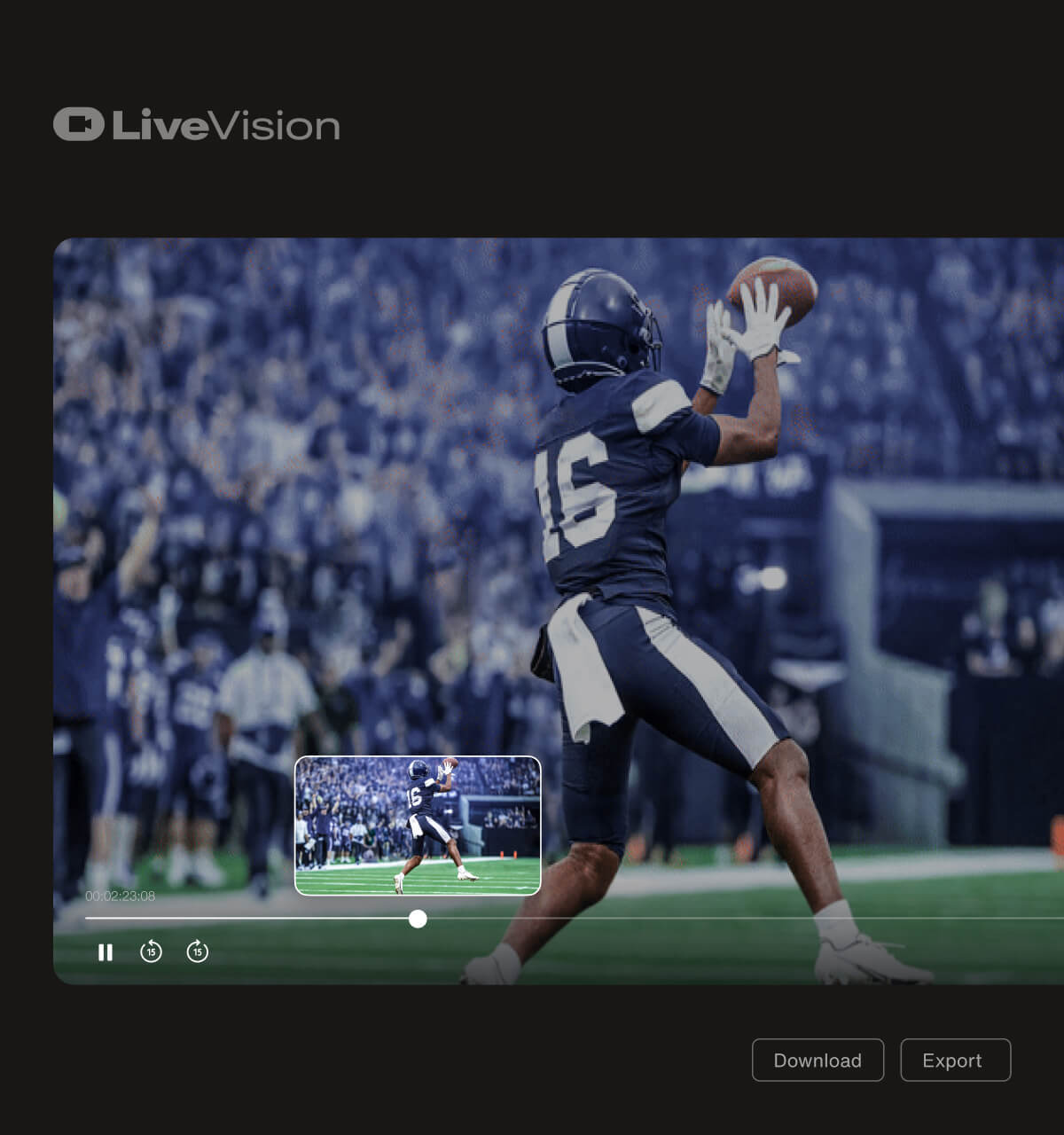 The LiveVision platform with a video of an NFL game on it and the user is being given a scene of a player catching a football.