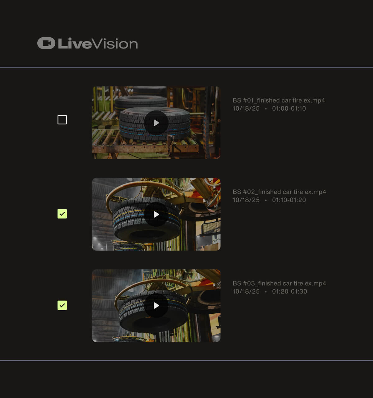 The LiveVision platform with various videos of a production line manufacturing tires. Two of the videos are selected.