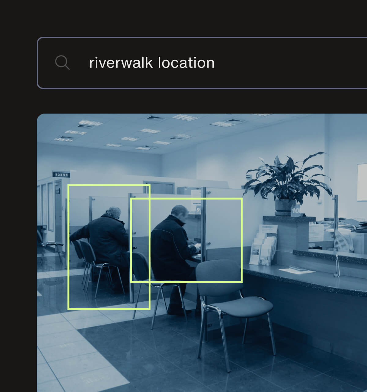 The LiveVision platform showing a search bar with the term "Riverwalk site progress" and below it is a scene from a bank with a few people sitting at desks that are highlighted by the system.