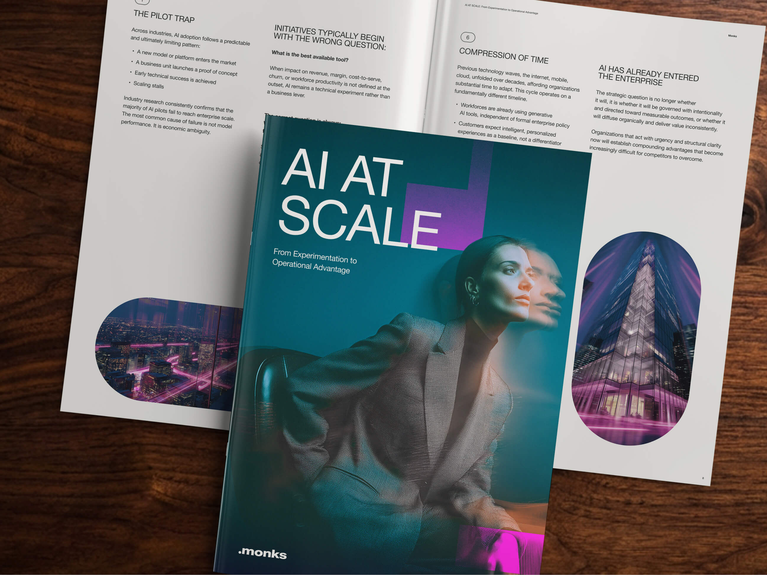 The AI At Scale white paper sitting open on a wooden desk ready to be read.