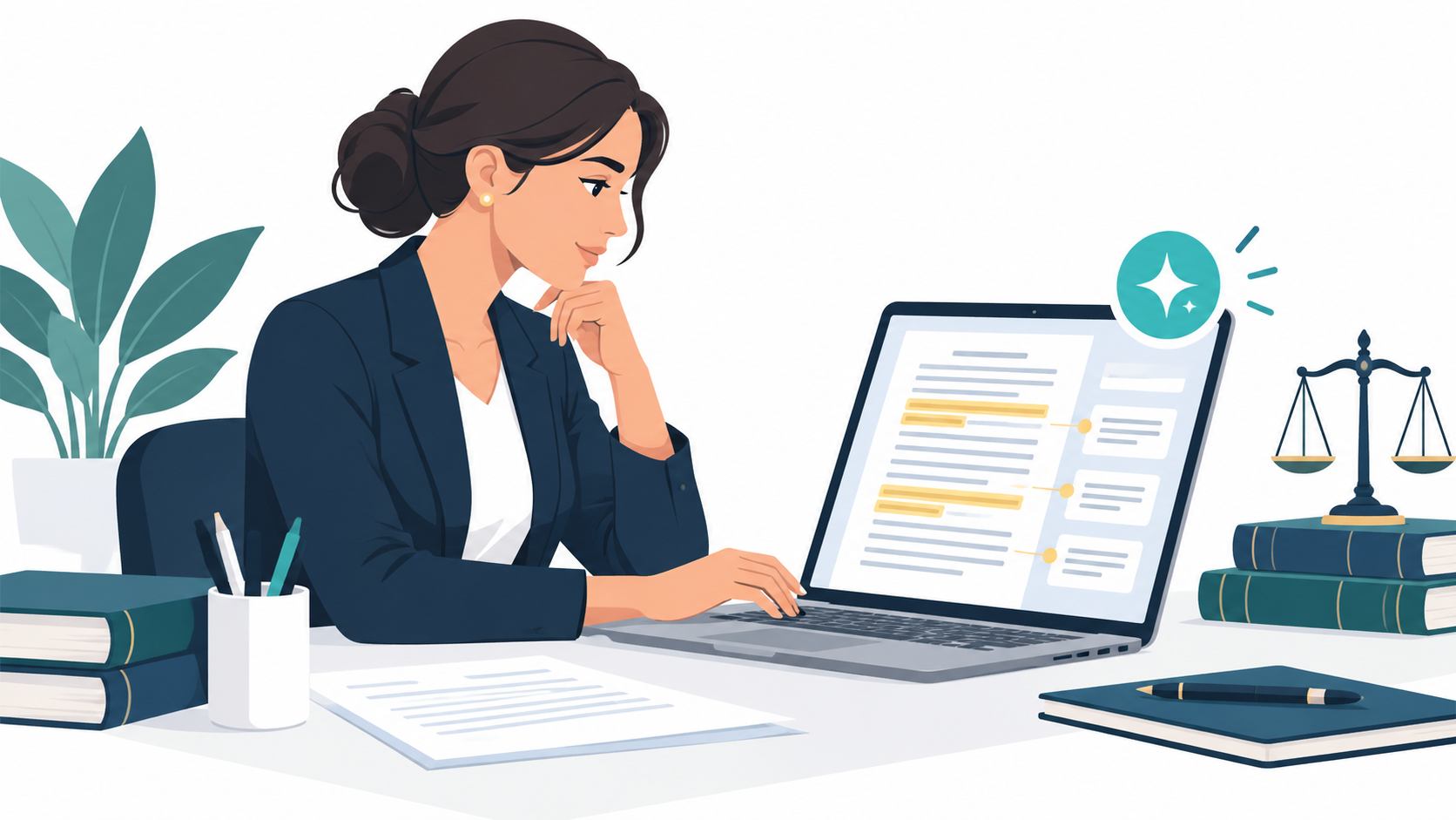 Legal assistant reviewing an AI-flagged contract on a laptop