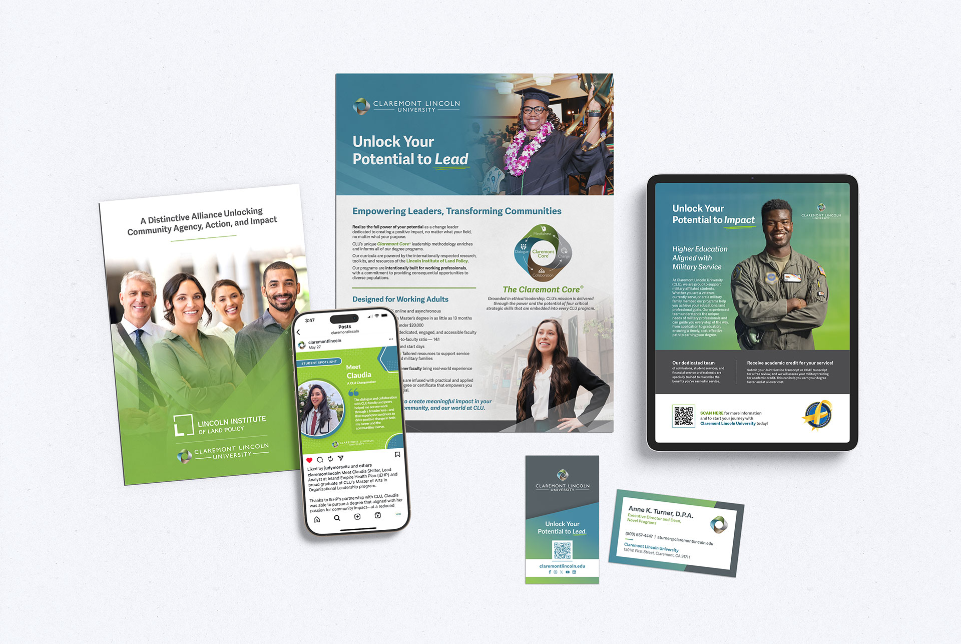 Collateral samples including a brochure, flyer, social media, business cards, and digital flyer
