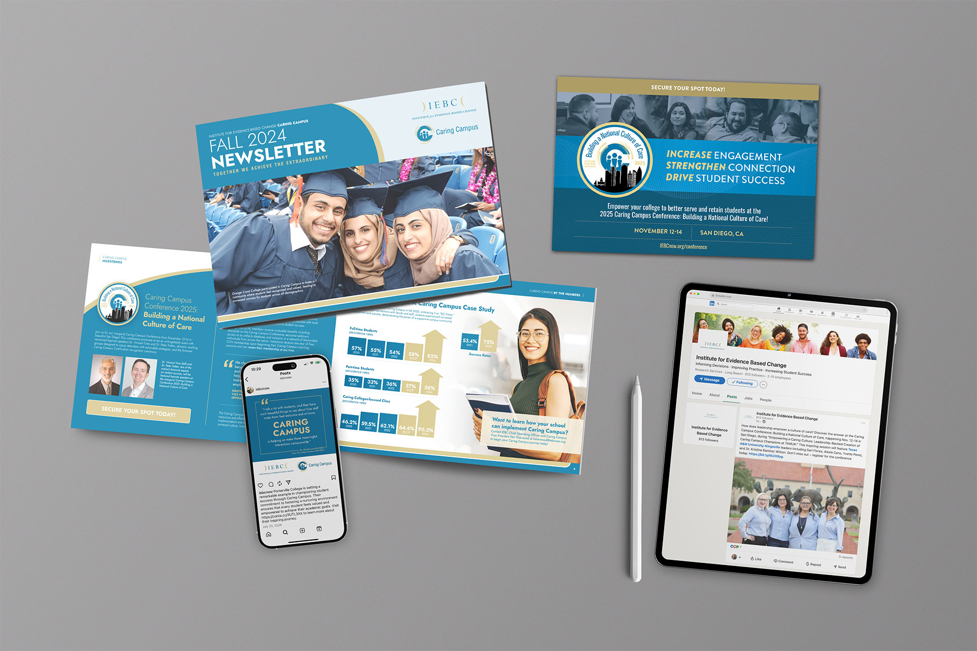 CLU collateral samples including a newsletter, postcard, and social media posts